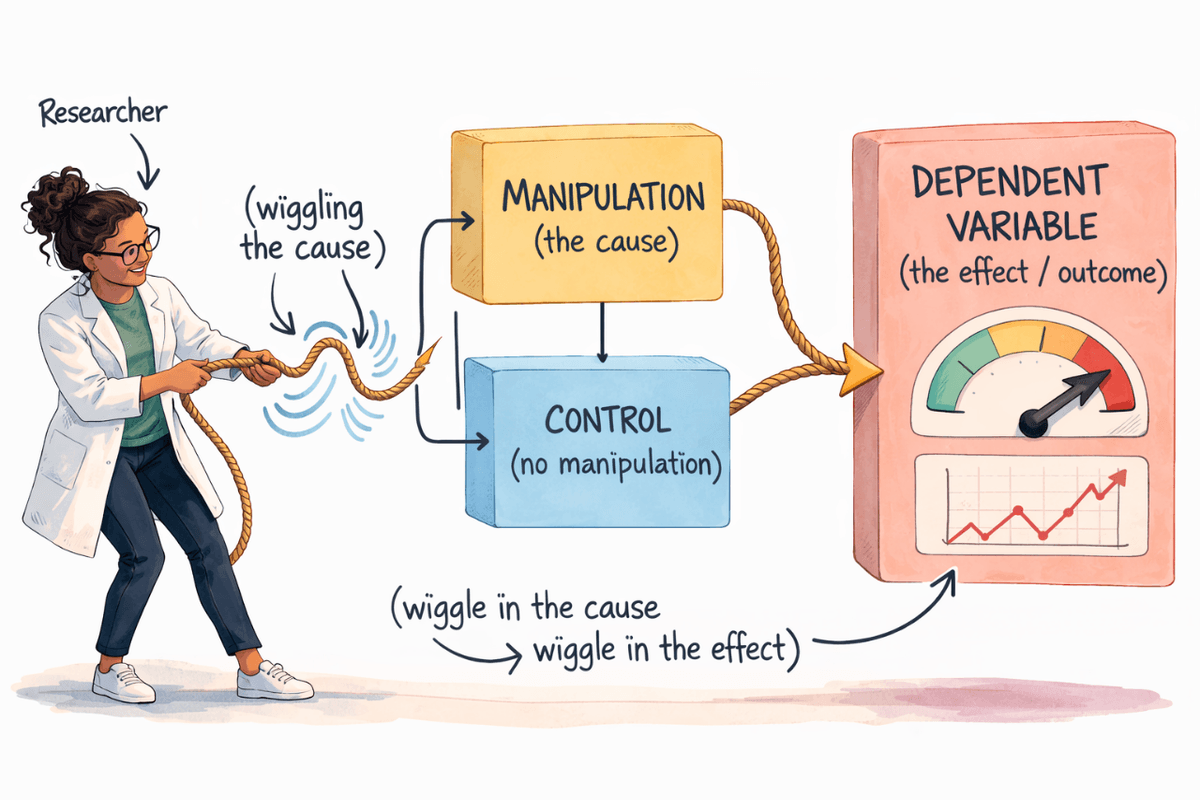 Illustration of an experiment showing a researcher wiggling a rope labeled manipulation, with manipulation and control conditions feeding into a dependent variable outcome