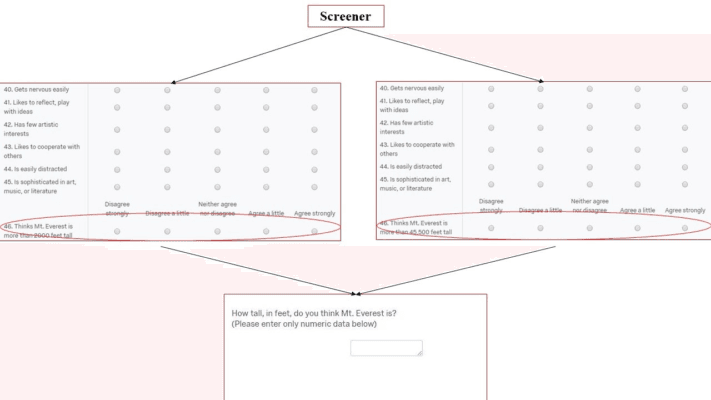 Screenshot of survey flow for the anchoring task experiment, showing how the Mt. Everest height anchor question was embedded within the Big Five Inventory matrix, followed by 11 other questions before participants were asked to estimate Mt. Everest's actual height