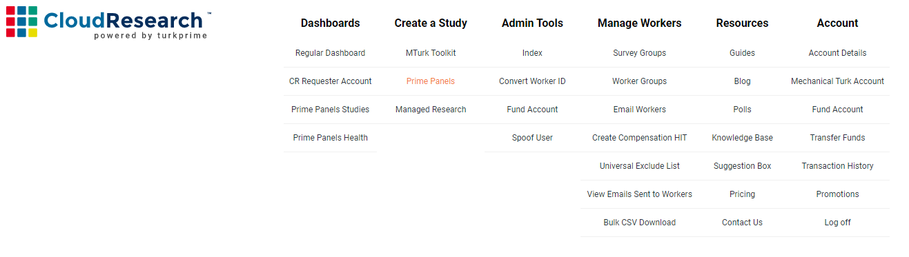 Screenshot of CloudResearch's navigation menu showing the 'Create a Study' dropdown with Prime Panels option highlighted, illustrating how to access the platform for census-matched sampling