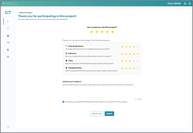 Connect participant rating system showing user experience, fairness, time, and compensation ratings