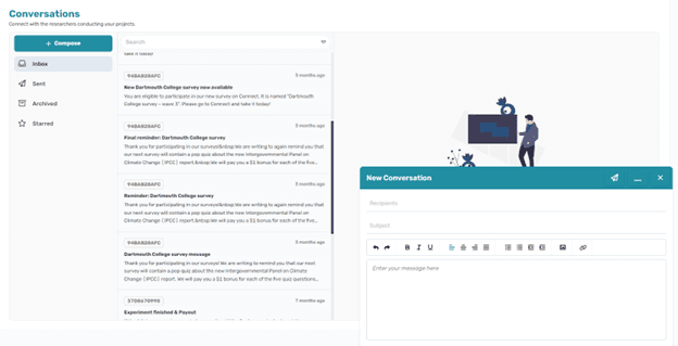 Connect in-app messaging system interface for researcher-participant communication