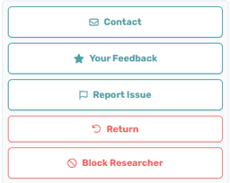 Participant options menu showing contact, feedback, report, return, and block researcher features