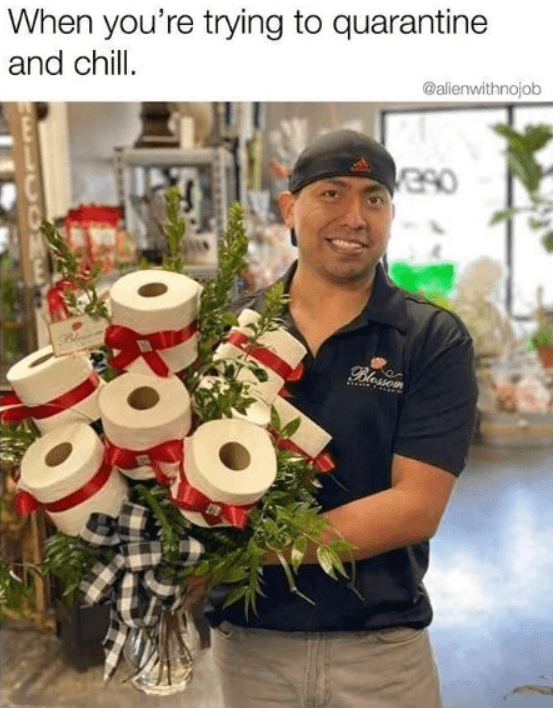 Pandemic meme showing a happy dog with caption celebrating that its human is now home all day during COVID lockdown