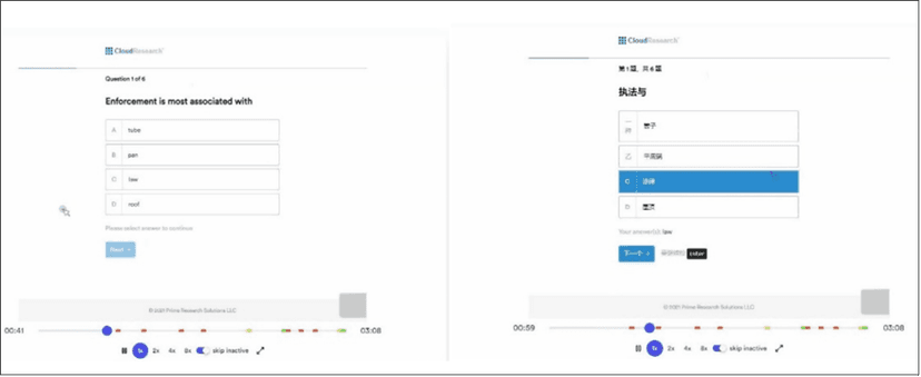 Screenshot showing a respondent translating survey questions from English to Chinese, which is detected by CloudResearch's Sentry vetting system