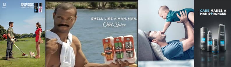 Comparison of different men's deodorant brands: Axe, Old Spice, and Dove