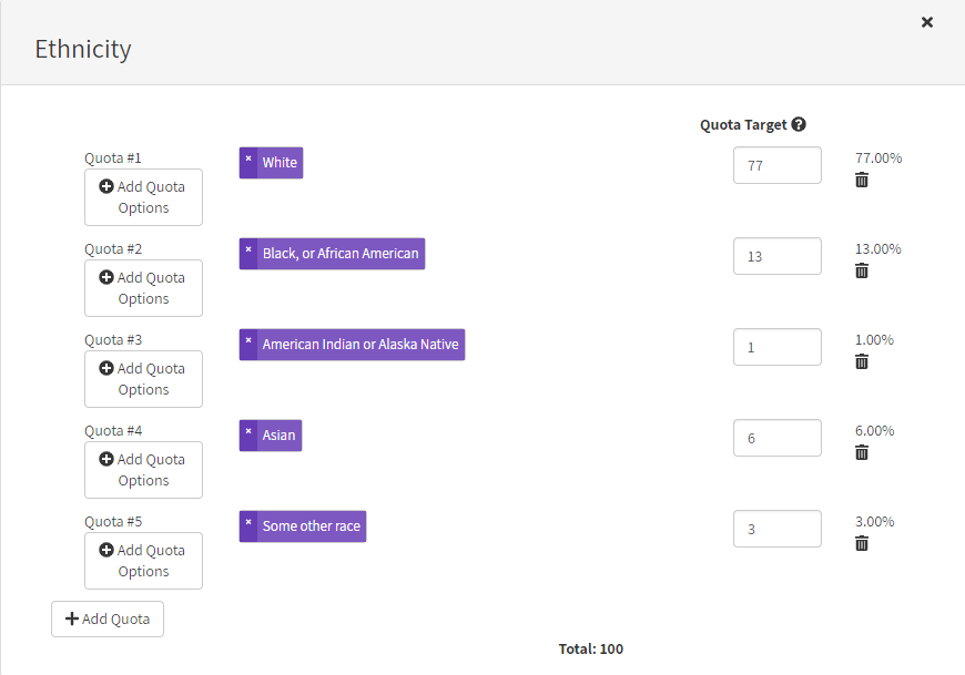 Screenshot of Prime Panels' ethnicity quota settings displaying percentage distributions across different racial groups matching U.S. Census proportions