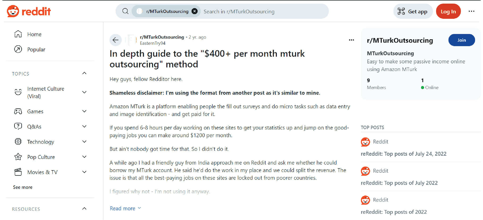 Screenshot of a Reddit post from r/MTurkOutsourcing showing someone explaining how to make money by lending their MTurk account to people in other countries