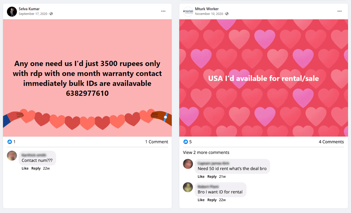 Screenshot of Facebook posts showing people advertising USA IDs available for sale and others seeking to rent participant IDs for MTurk, demonstrating the marketplace for fraudulent account access on social media