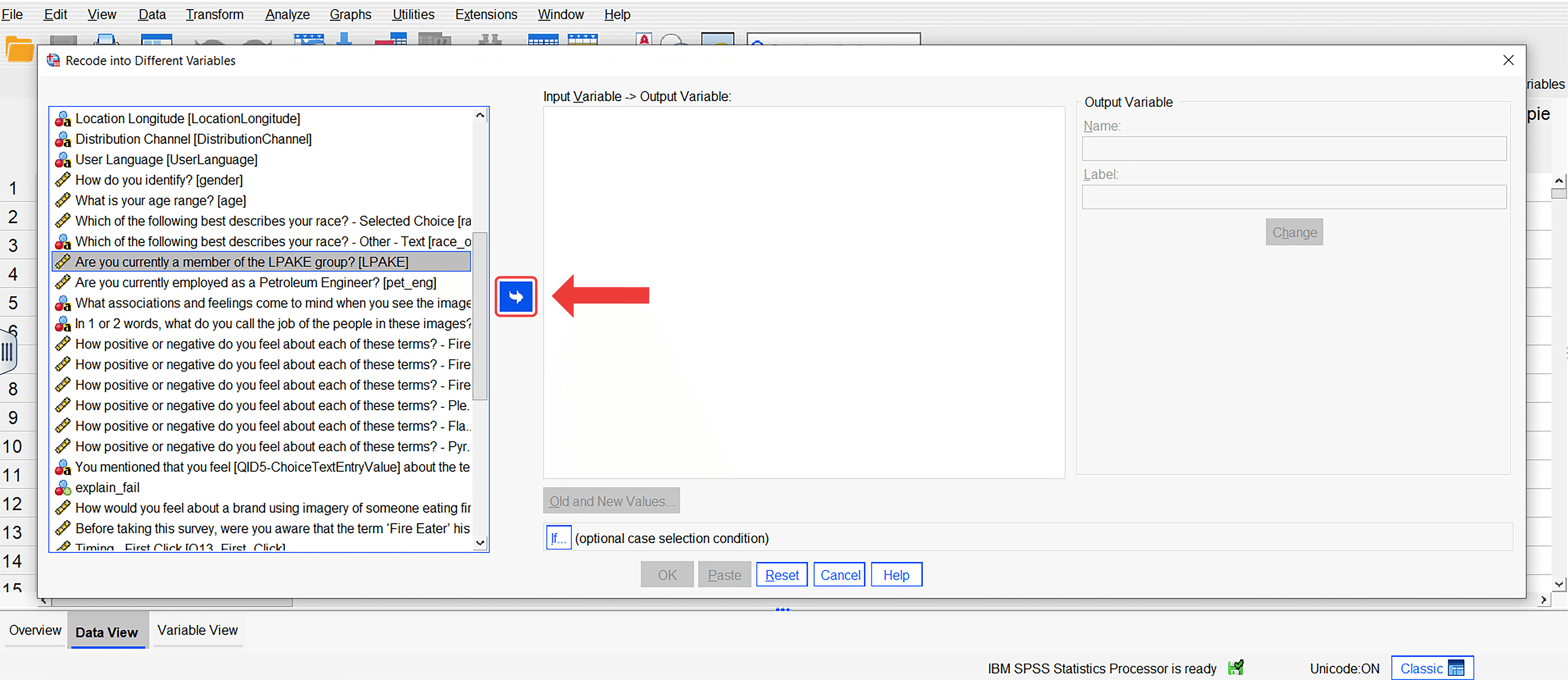 SPSS Recode into Different Variables dialog box showing how to find a variable in the list on the left and move it to the right using the arrow