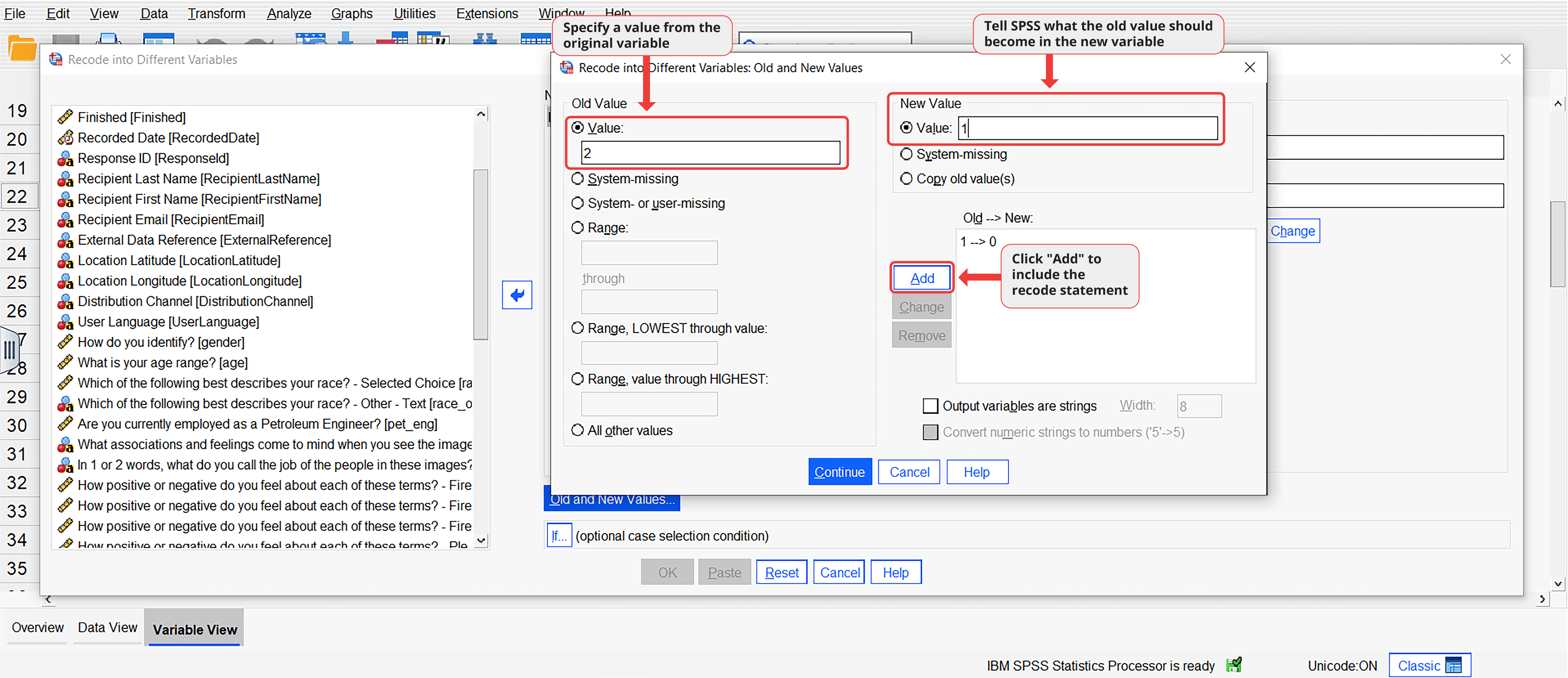 SPSS Old and New Values dialog box showing how to enter the old value, the new value, and then select Add