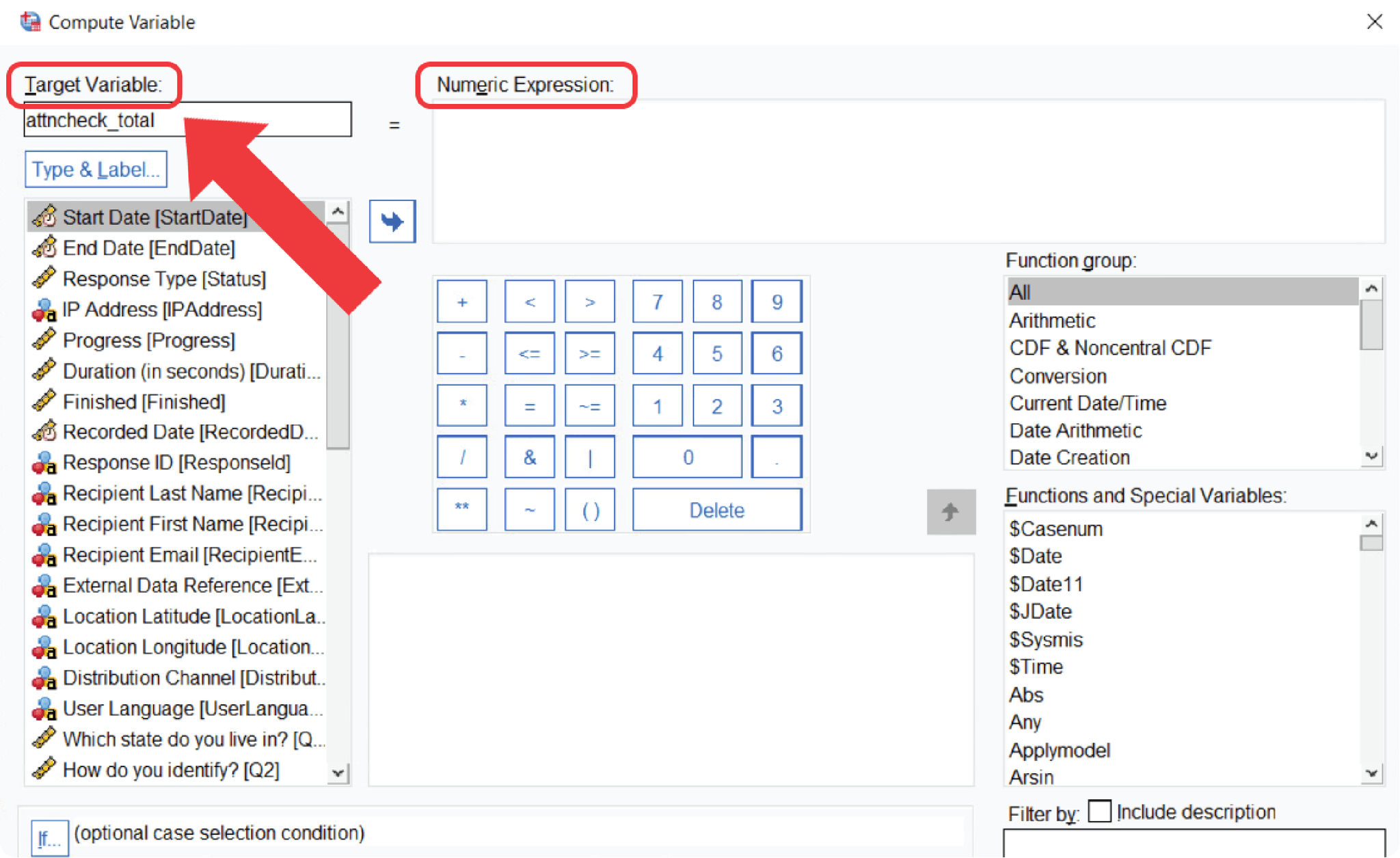 SPSS Compute Variable dialog box showing the Target Variable box and Numeric Expression box for entering the formula