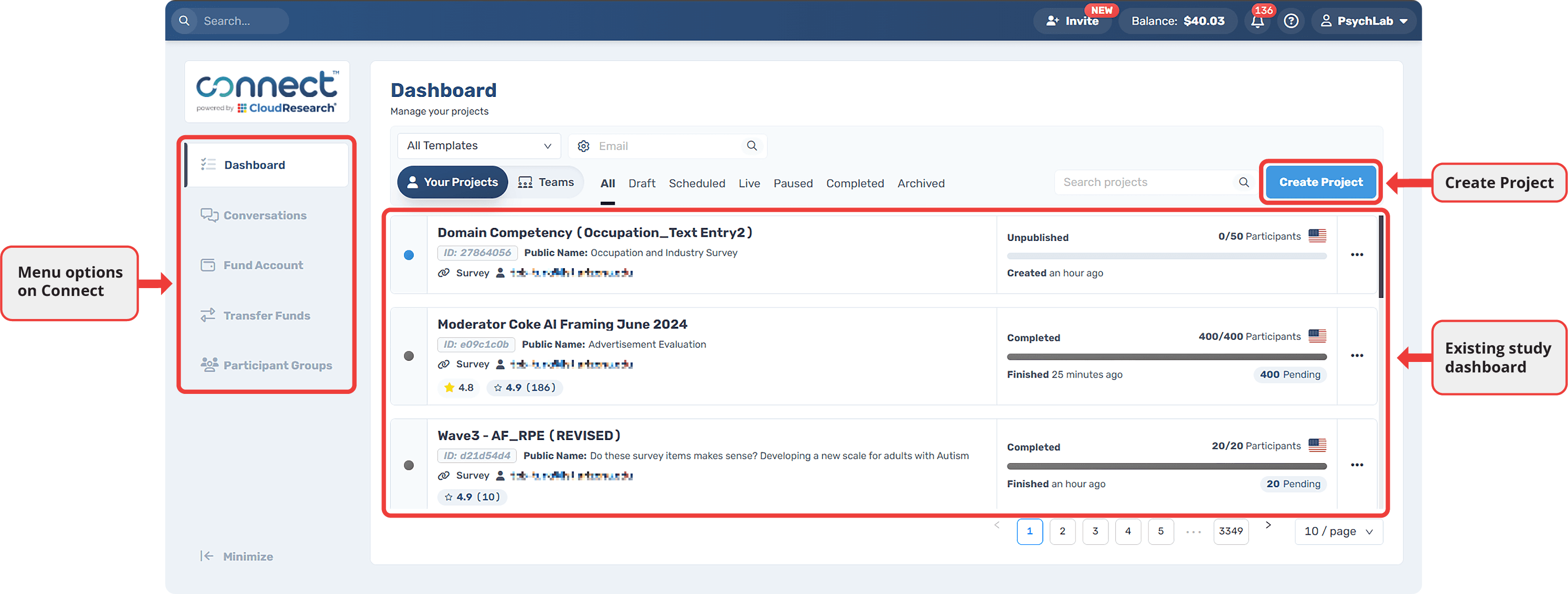 CloudResearch Connect dashboard showing navigation tabs on left including Dashboard, Conversations, Fund Account, Transfer Funds, and Participant Groups, with study listings in center showing project names, status, and participant counts