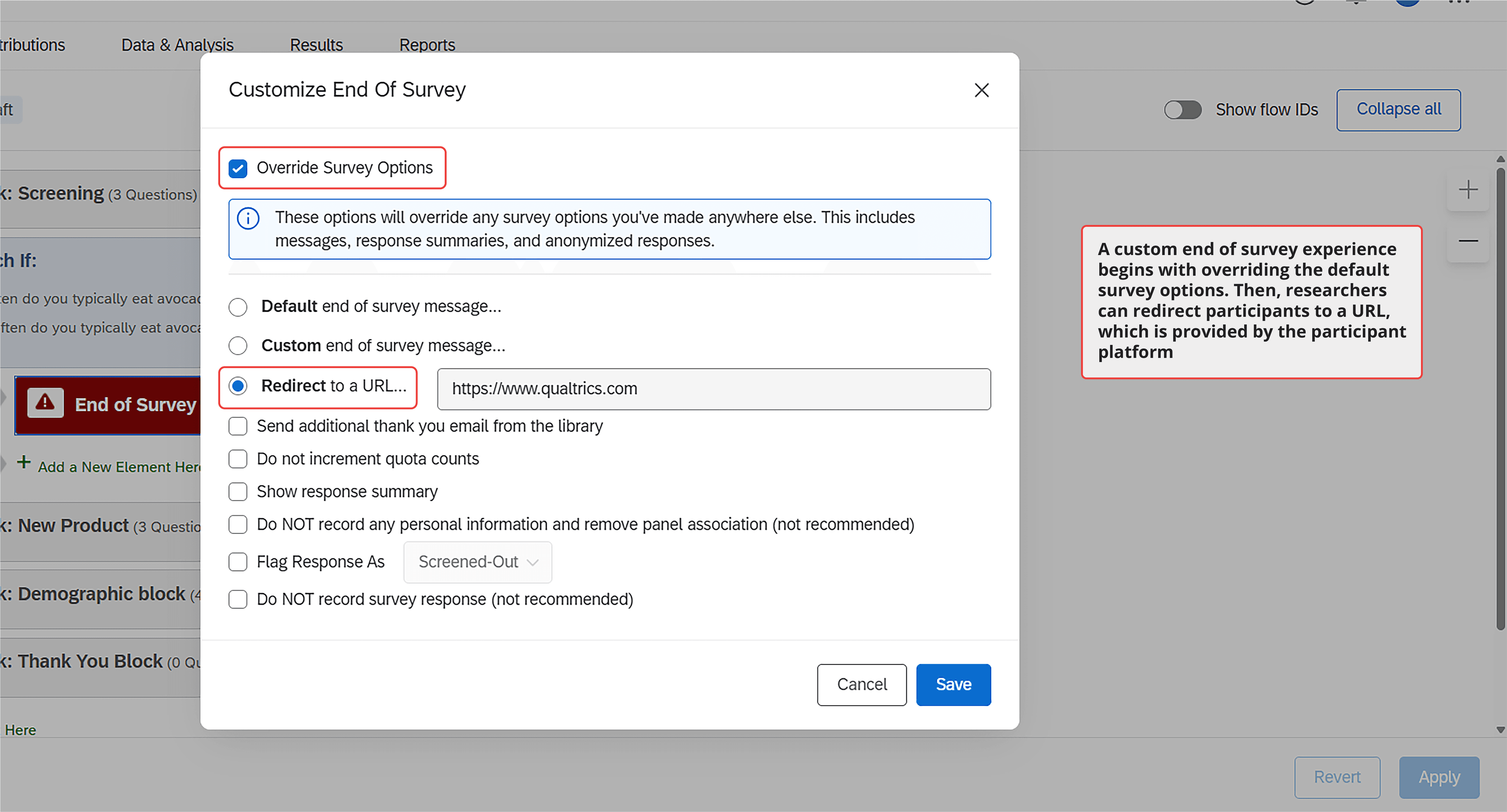 Qualtrics Customize End Of Survey dialog showing Override Survey Options checked and Redirect to a URL option selected with annotation explaining how to direct screened-out participants