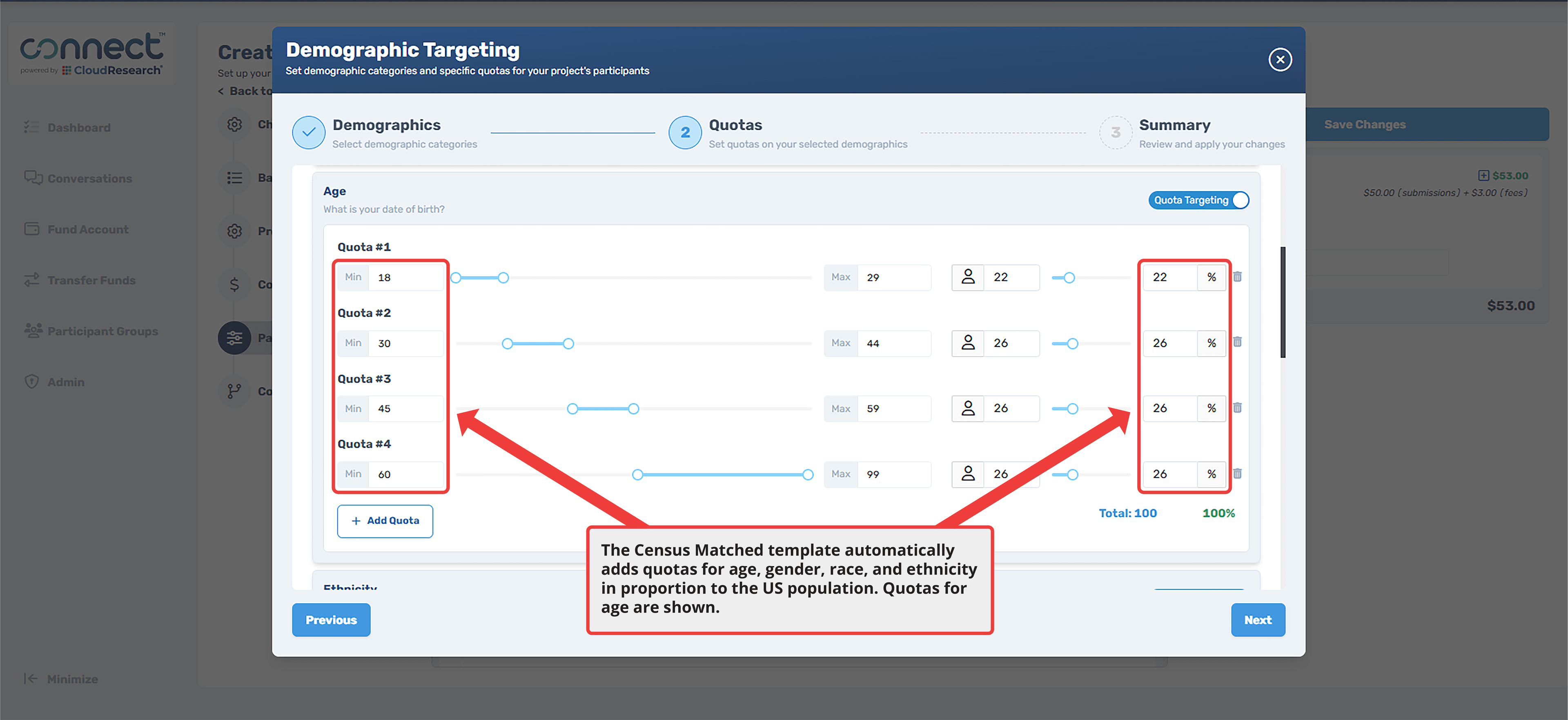 CloudResearch Connect Demographic Targeting interface showing Census Matched Template with age quotas automatically set to match US Census percentages, with annotation explaining the template adds quotas for age, gender, race, and ethnicity
