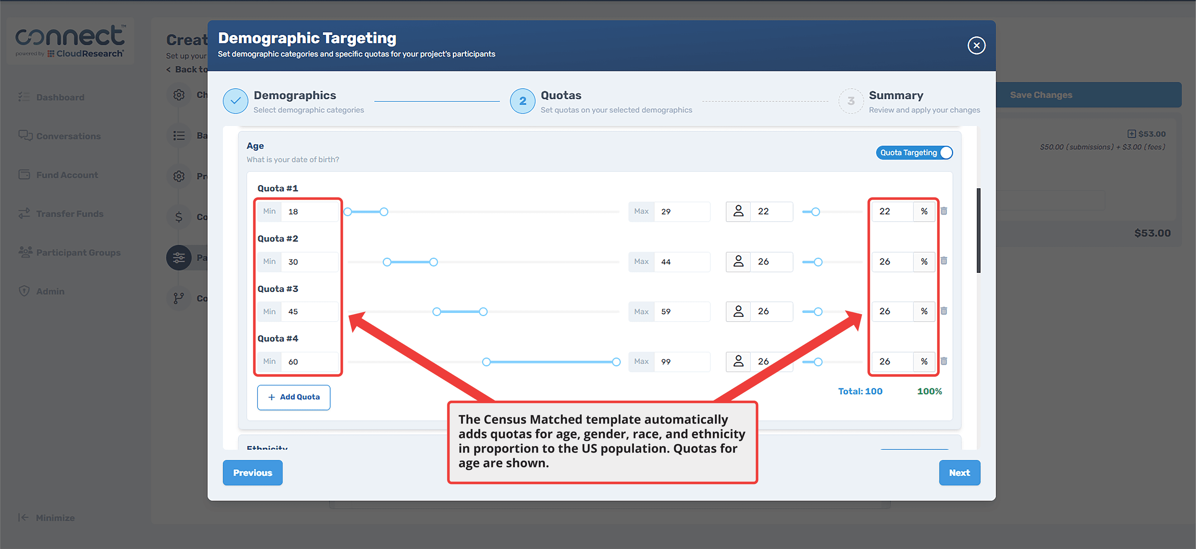 CloudResearch Connect Demographic Targeting interface showing Census Matched Template with age quotas automatically set to match US Census percentages, with annotation explaining the template adds quotas for age, gender, race, and ethnicity