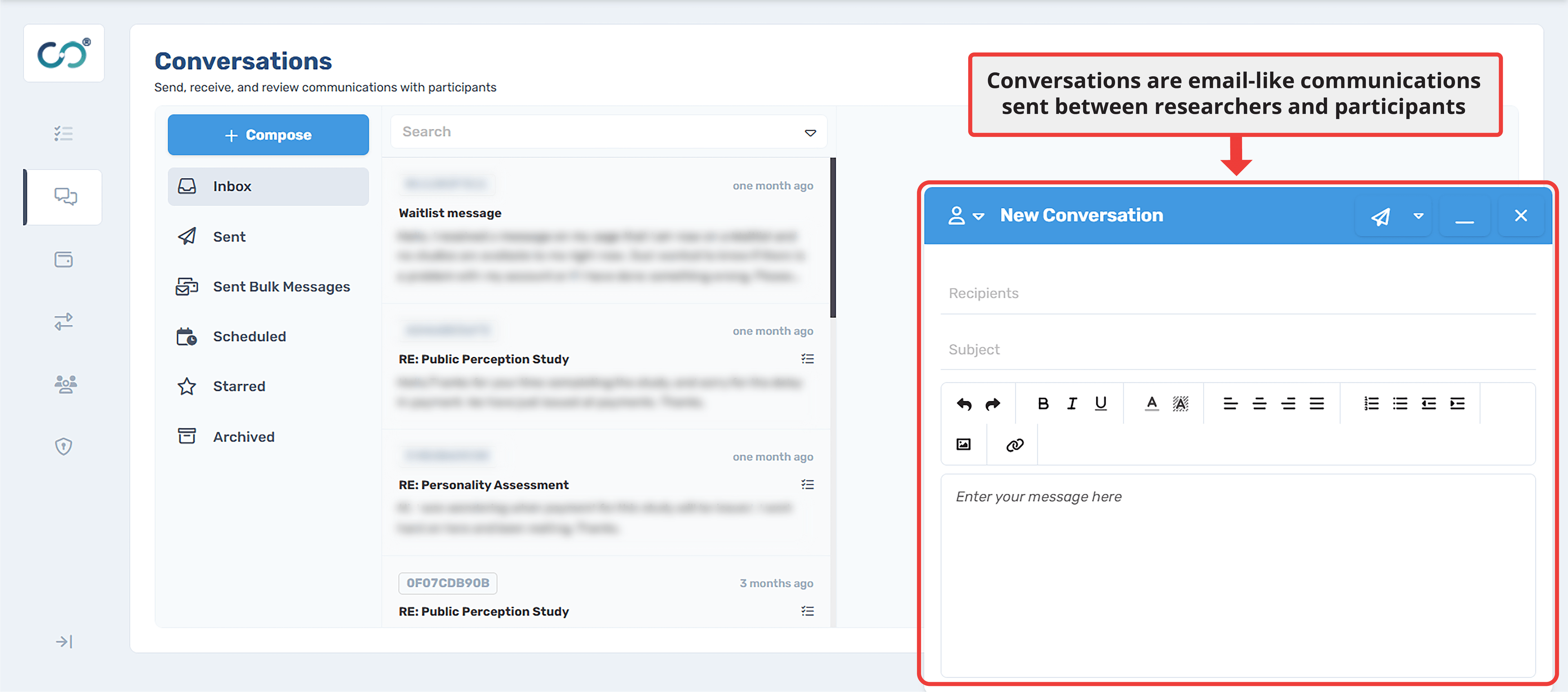 CloudResearch Connect Conversations center interface showing inbox with message threads and New Conversation compose window, with annotation explaining this is email-like communication between researchers and participants