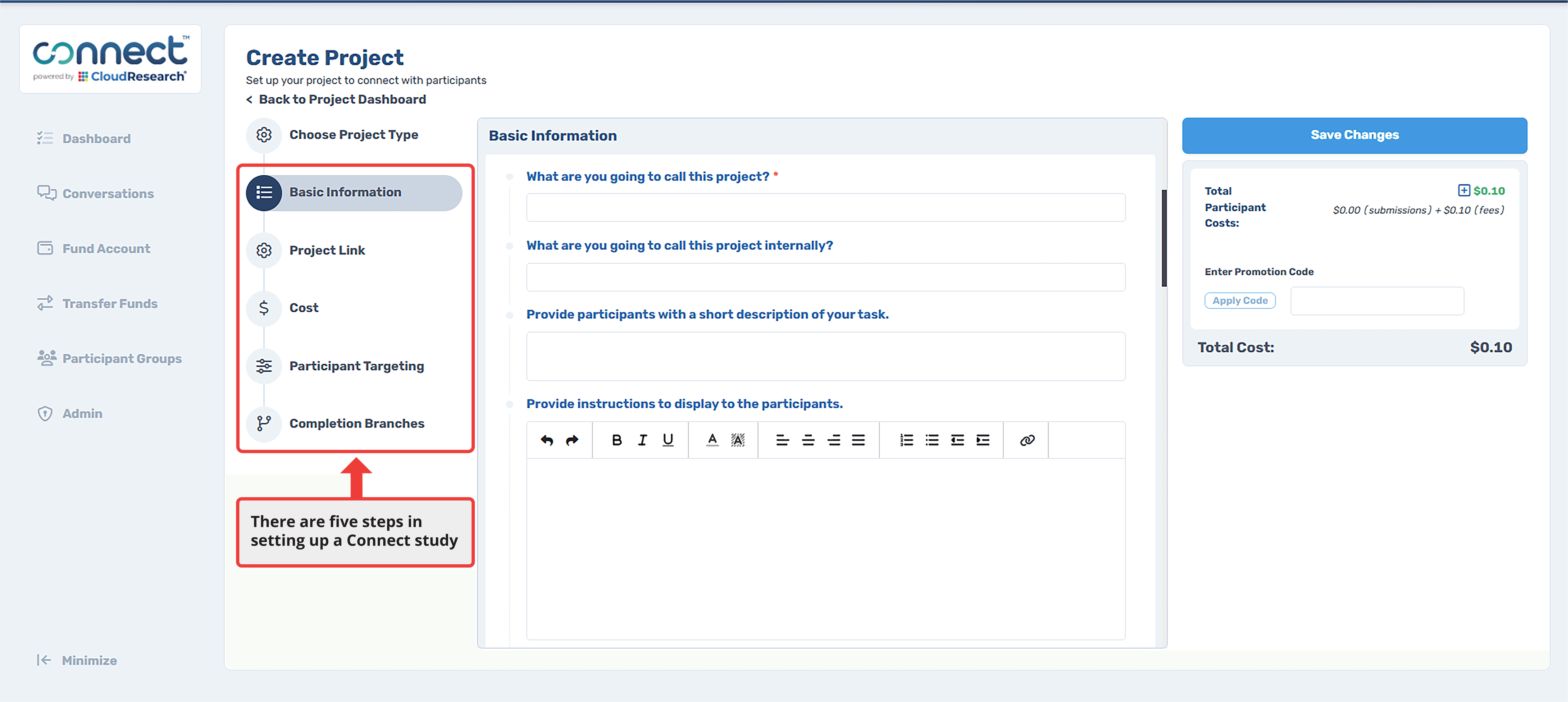 CloudResearch Connect Create Project interface showing the five setup steps: Choose Project Type, Basic Information, Project Link, Cost, Participant Targeting, and Completion Branches in the left sidebar with the Basic Information form displayed