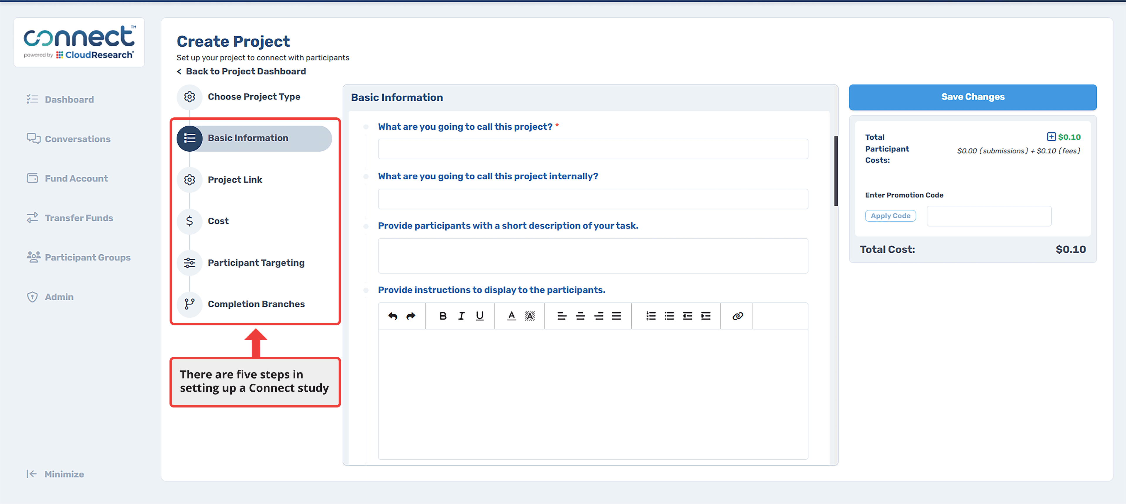CloudResearch Connect Create Project interface showing the five setup steps: Choose Project Type, Basic Information, Project Link, Cost, Participant Targeting, and Completion Branches in the left sidebar with the Basic Information form displayed