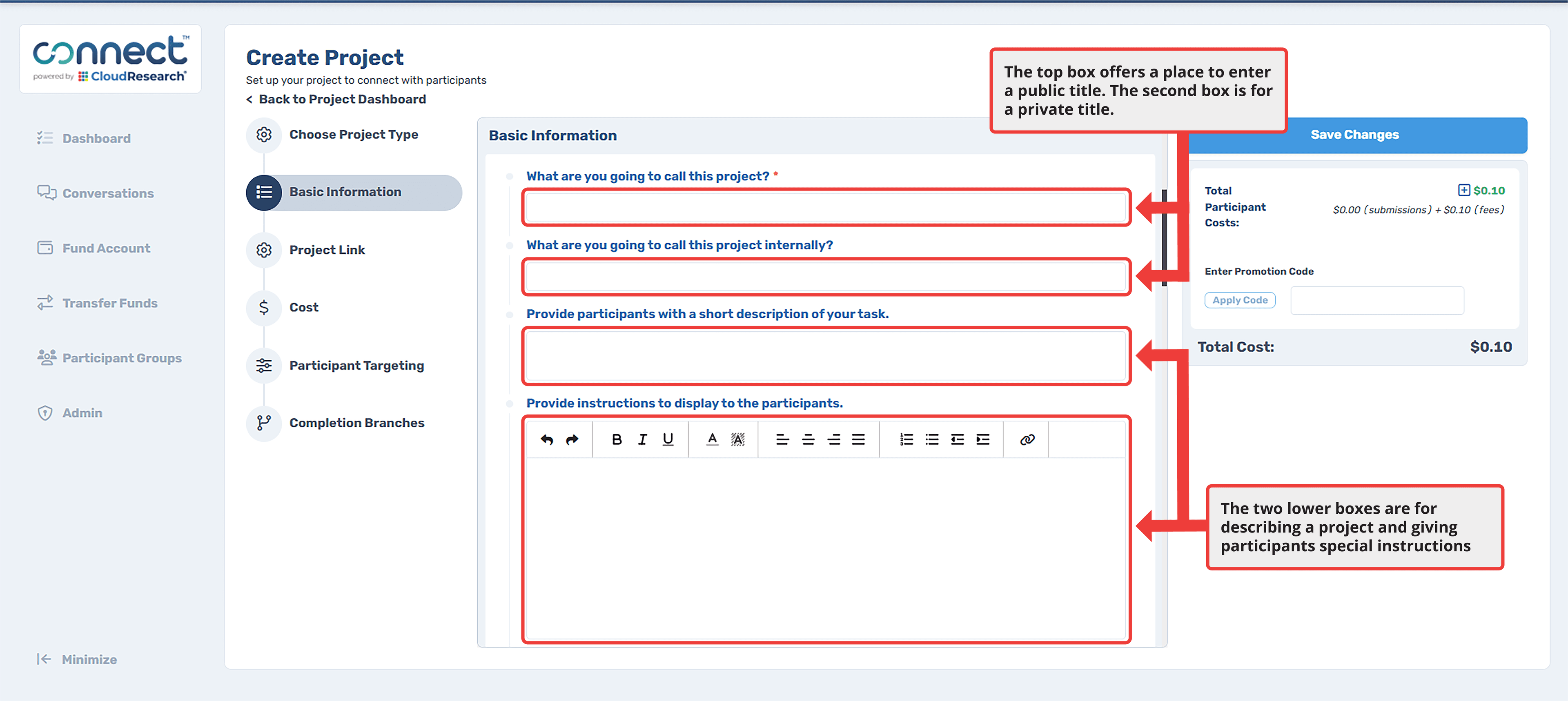 CloudResearch Connect Create Project interface showing Basic Information form with two title fields - public project name and internal project name, plus description boxes for participants and special instructions