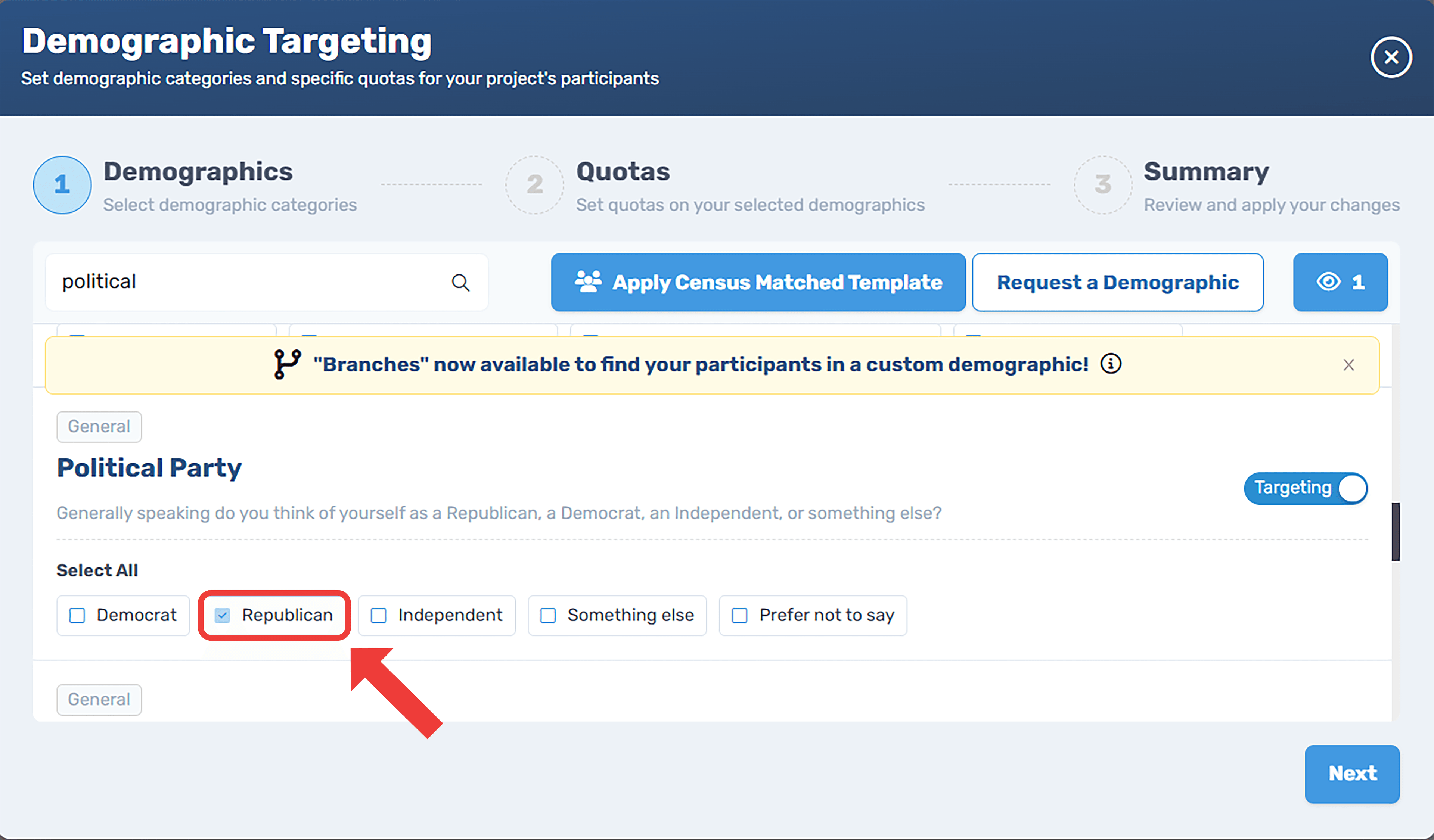 CloudResearch Connect participant targeting interface showing demographic options including political affiliation, age ranges, education levels, and other participant characteristics available for selective recruitment