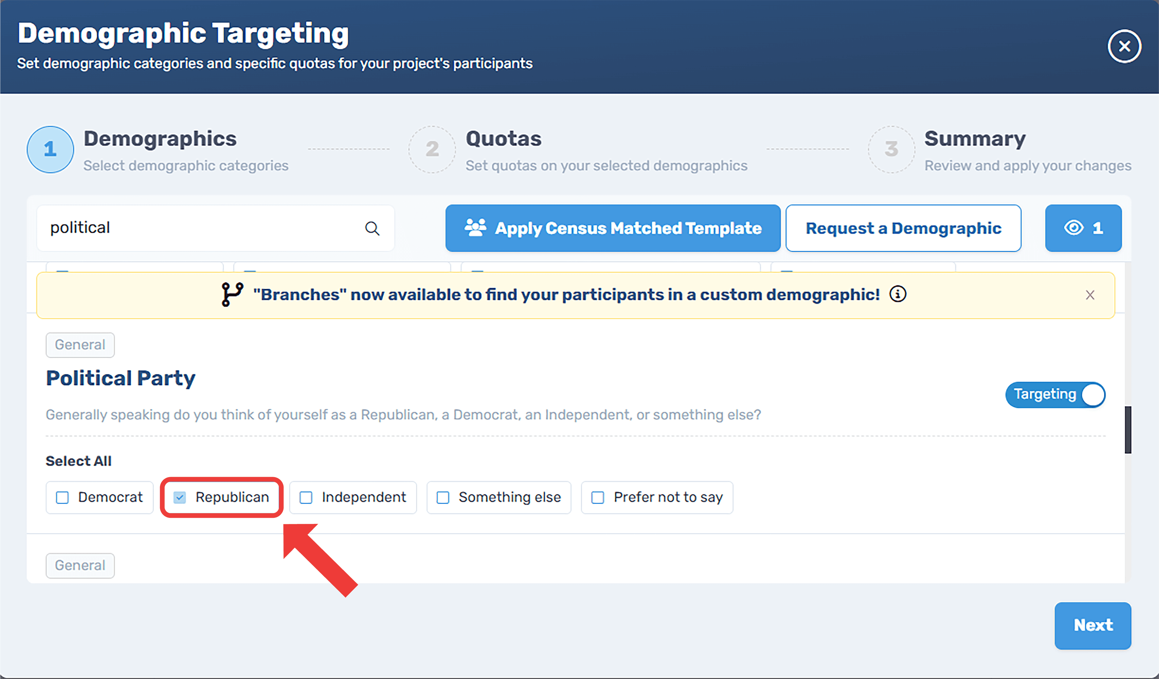 CloudResearch Connect participant targeting interface showing demographic options including political affiliation, age ranges, education levels, and other participant characteristics available for selective recruitment