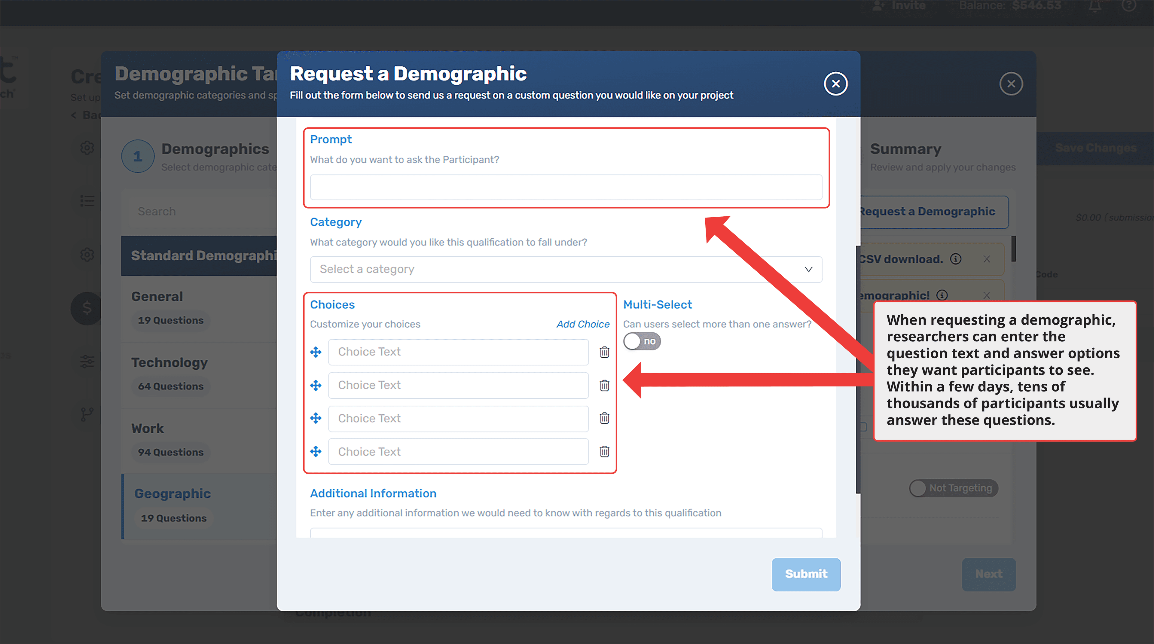 CloudResearch Connect request demographic form allowing researchers to submit requests for new participant qualifications with fields for demographic name and description