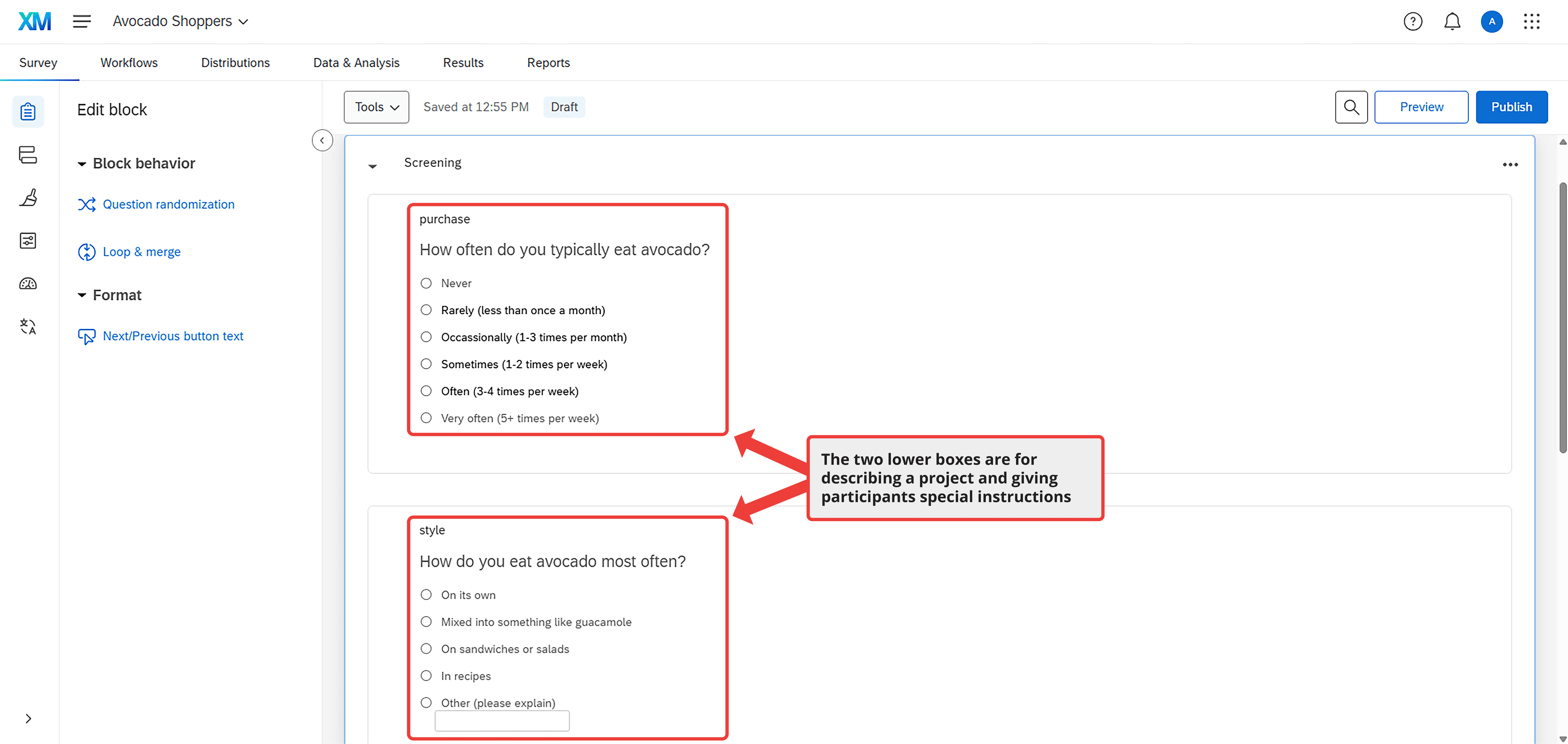 Qualtrics survey builder showing screening questions for avocado consumption frequency and style, with annotation boxes indicating these are used to target specific participant groups