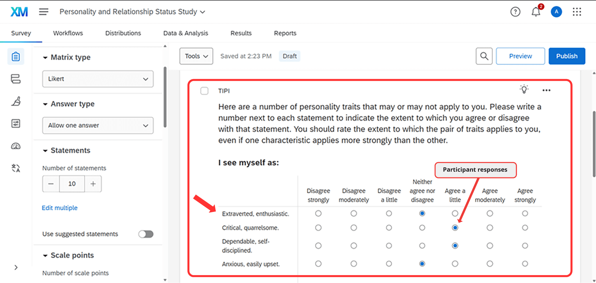 Qualtrics survey builder interface showing a matrix question for measuring the Big Five personality traits using the TIPI scale, with options from Disagree strongly to Agree strongly