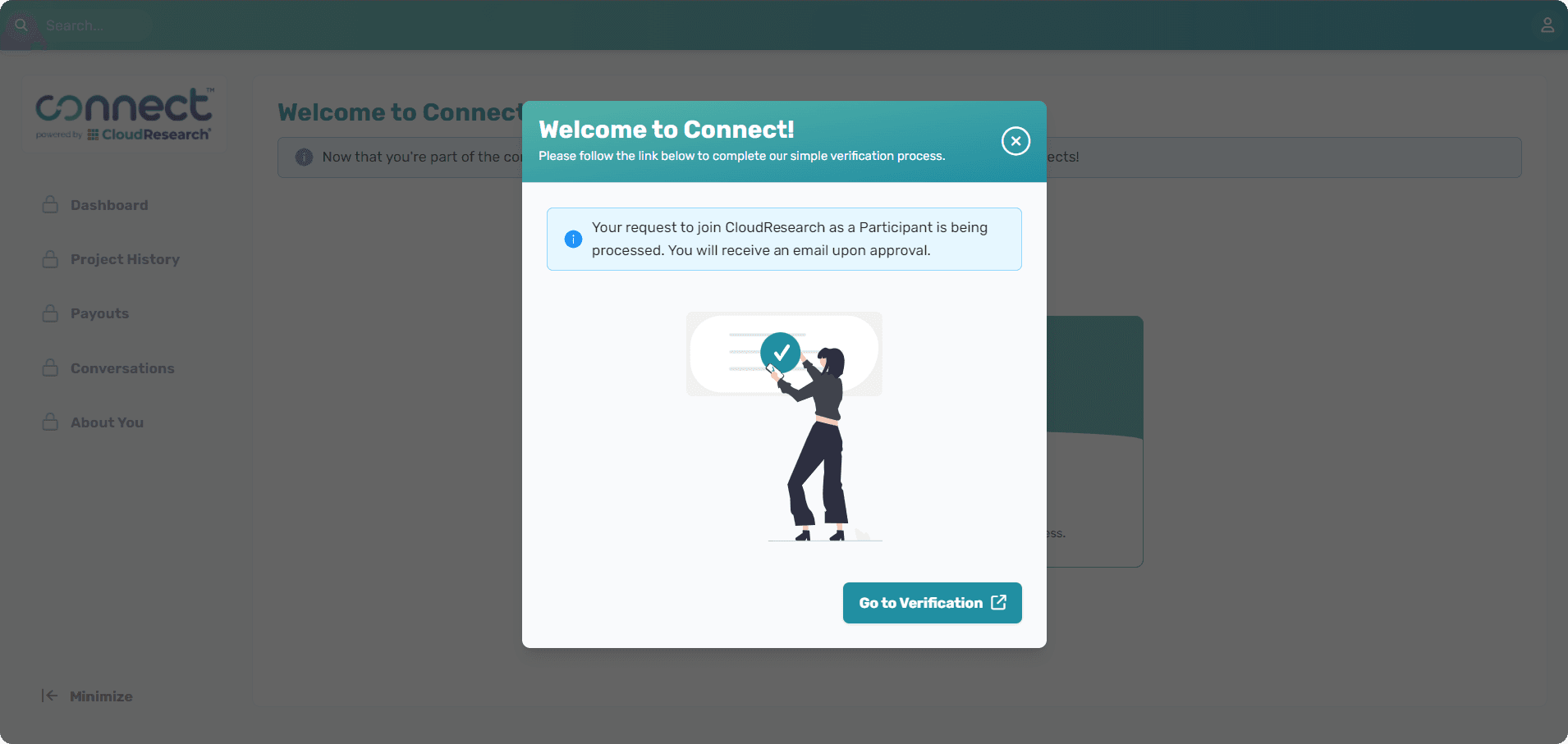 Connect welcome screen showing a modal dialog that welcomes new users and provides a link to begin the verification process for joining CloudResearch as a participant