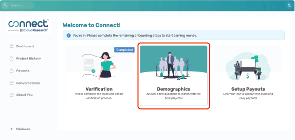 Connect onboarding screen showing three steps: Verification (completed), Demographics (answer questions to match with projects), and Setup Payouts (link payment account for quick payouts)