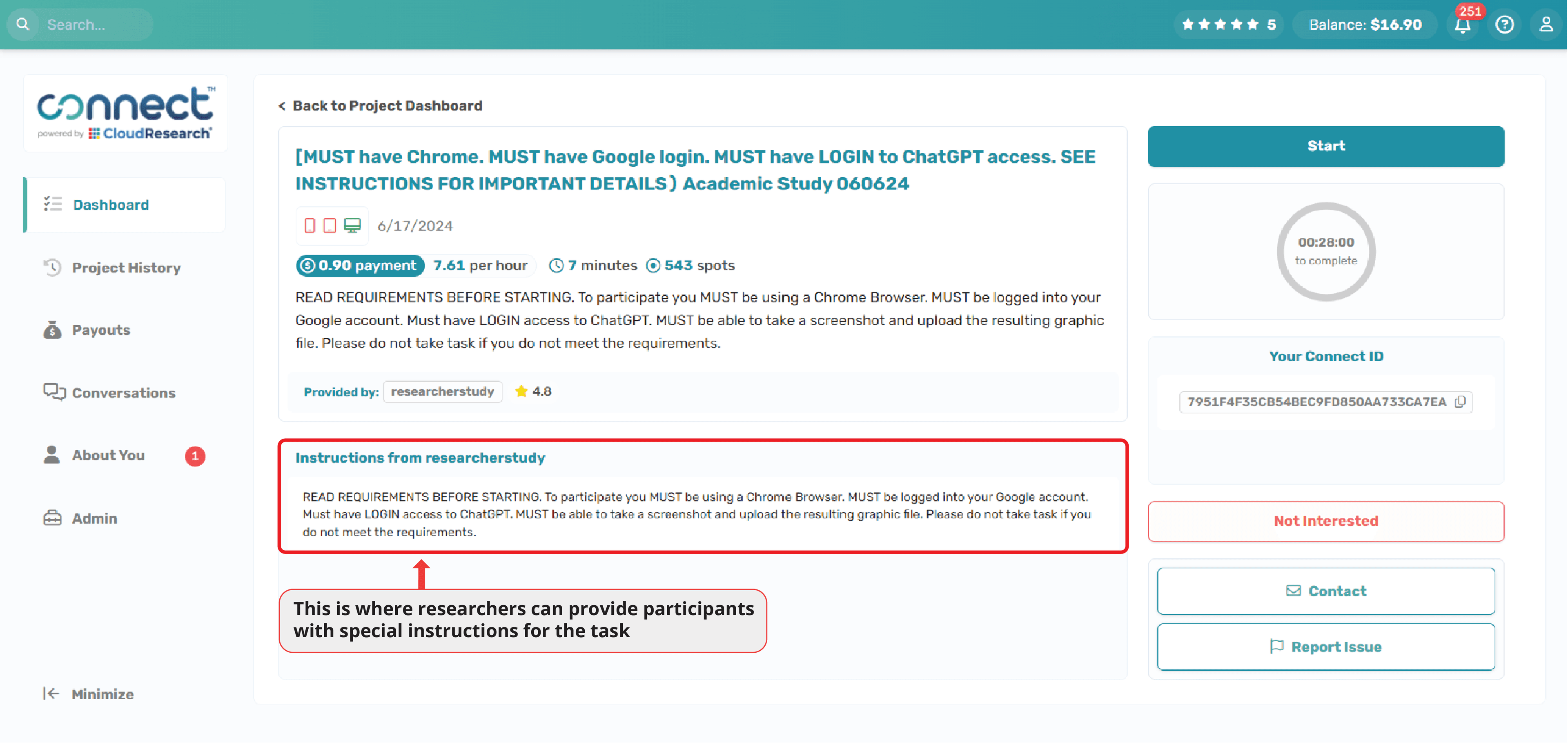 Connect project preview screen showing study details including payment, duration, available spots, researcher instructions, and buttons to Start the study, mark as Not Interested, Contact the researcher, or Report an Issue