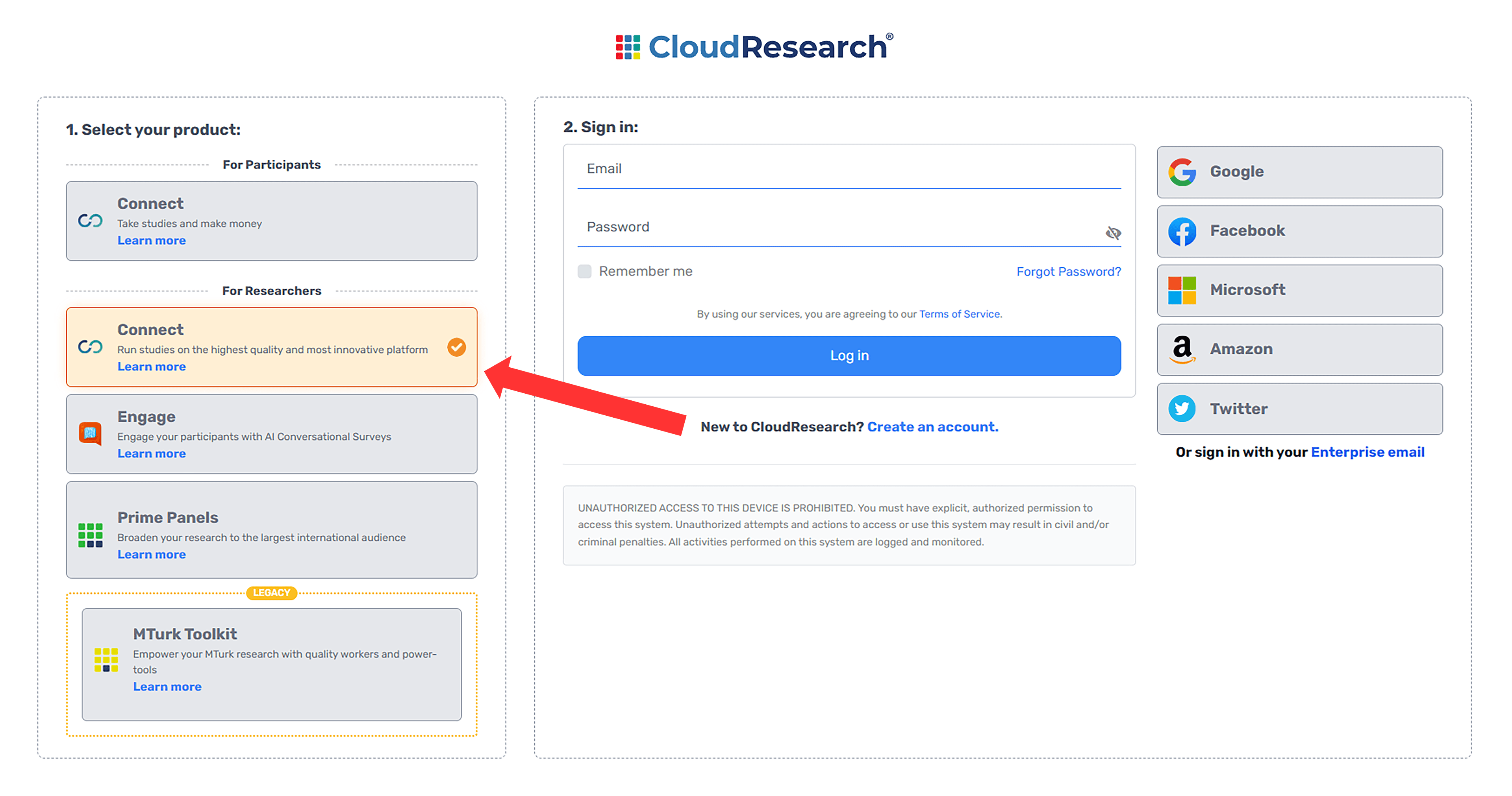 CloudResearch login page showing options for Participants (Connect - take studies and make money) and Researchers (Connect, Engage, Prime Panels) with email and password sign-in fields and social login options