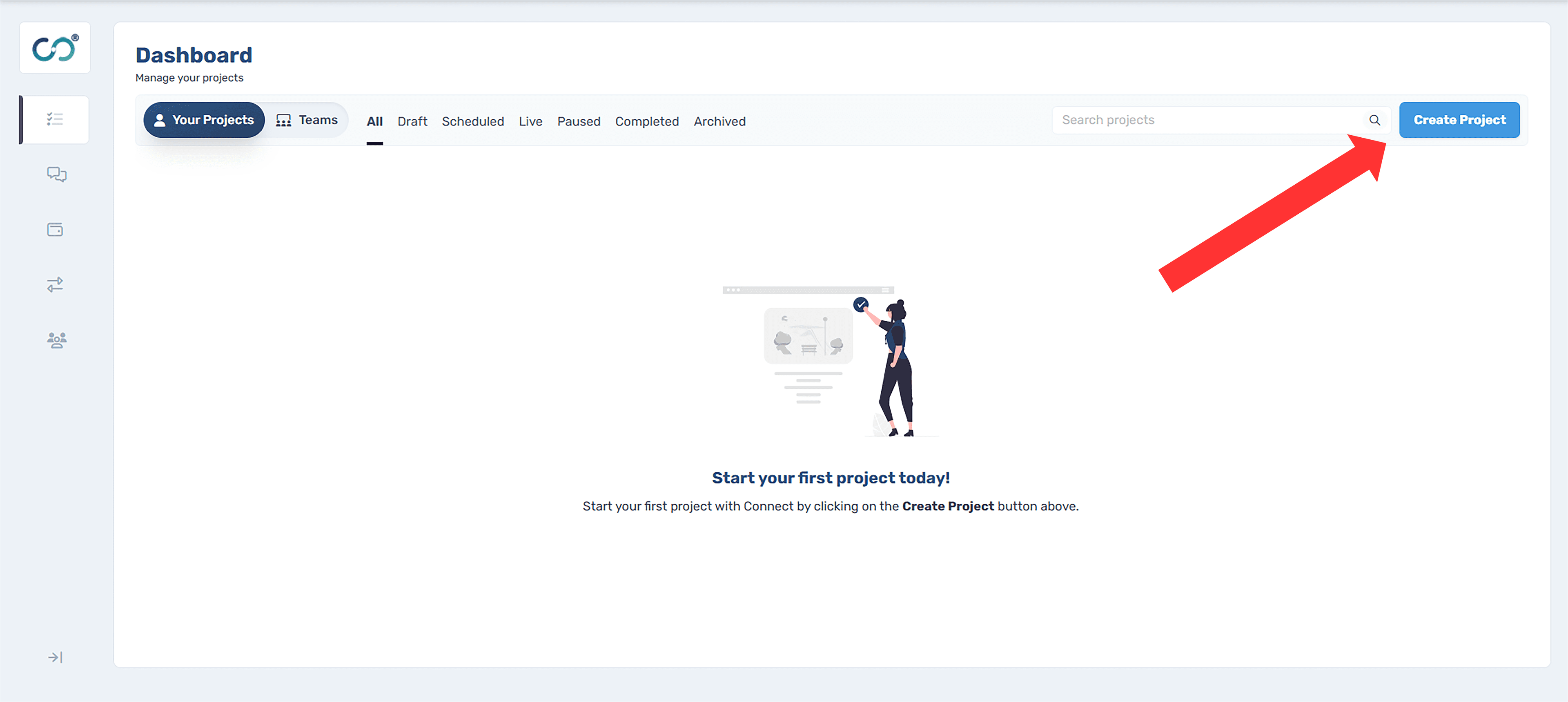 Connect researcher dashboard showing the project management interface with tabs for Your Projects, Teams, and project status filters (All, Draft, Scheduled, Live, Paused, Completed, Archived) and a Create Project button