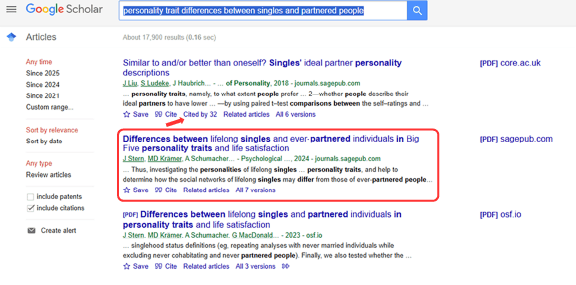 Google Scholar search results page showing articles about personality trait differences between singles and partnered people, with options to filter by date and type, and showing cited by counts for each article