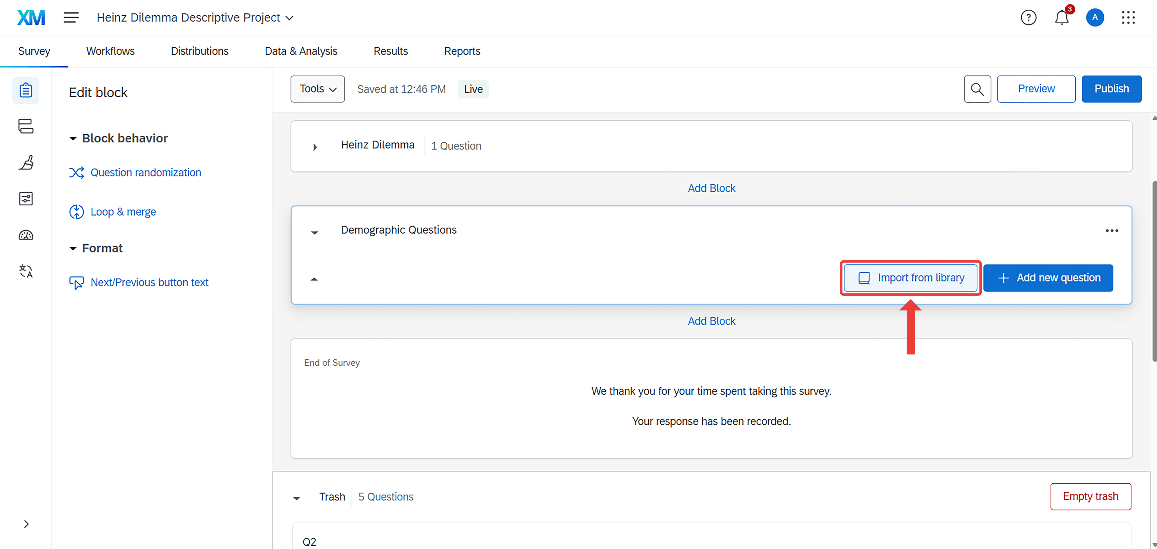 Screenshot A showing the Import from library button in Qualtrics survey builder