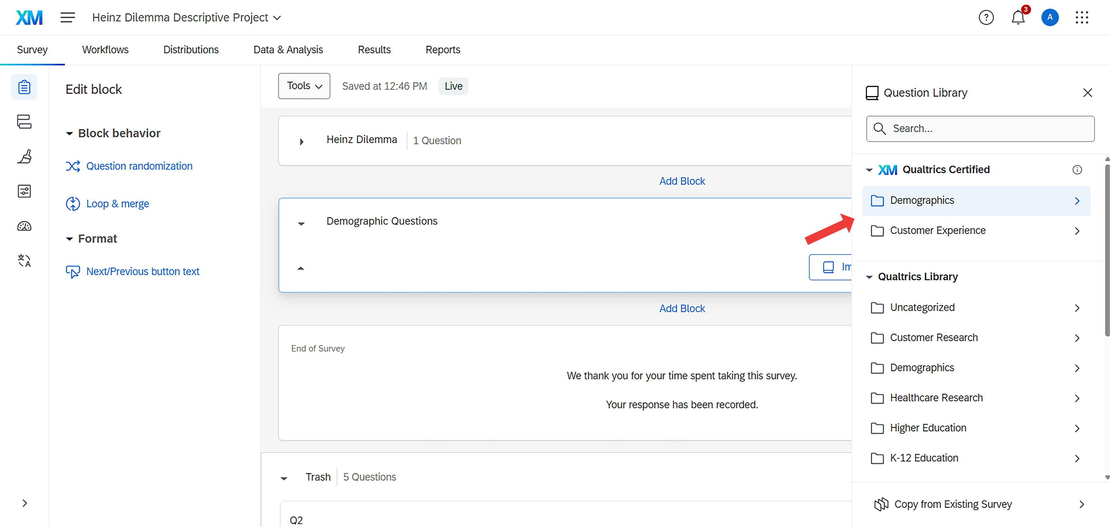 Screenshot B showing the Question Library sidebar with Qualtrics Certified Demographics option selected