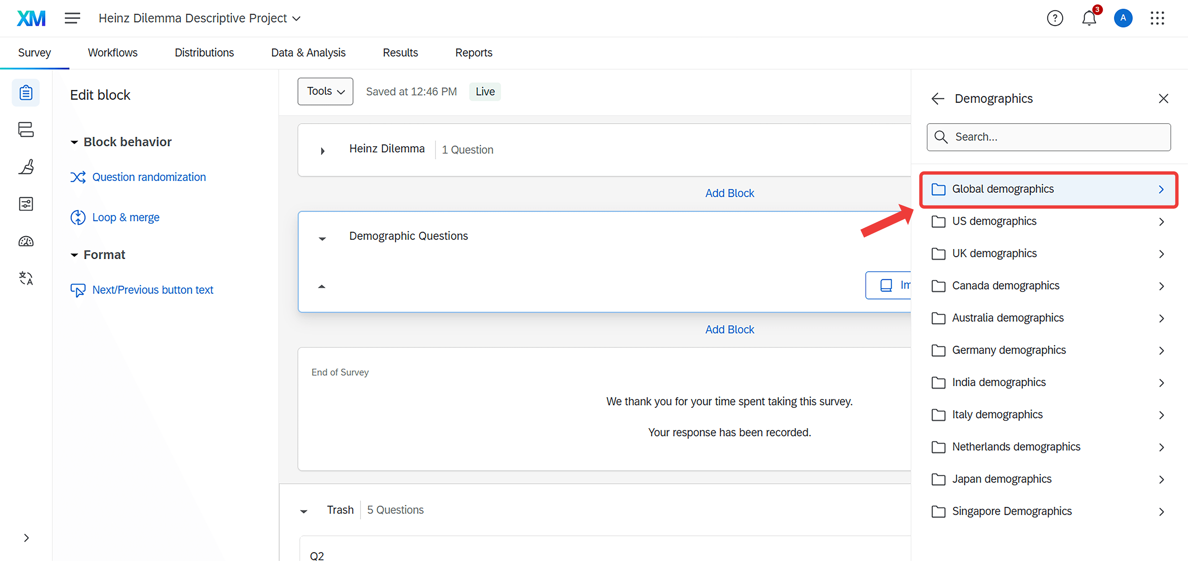 Screenshot C showing the Global demographics selection with country-specific options