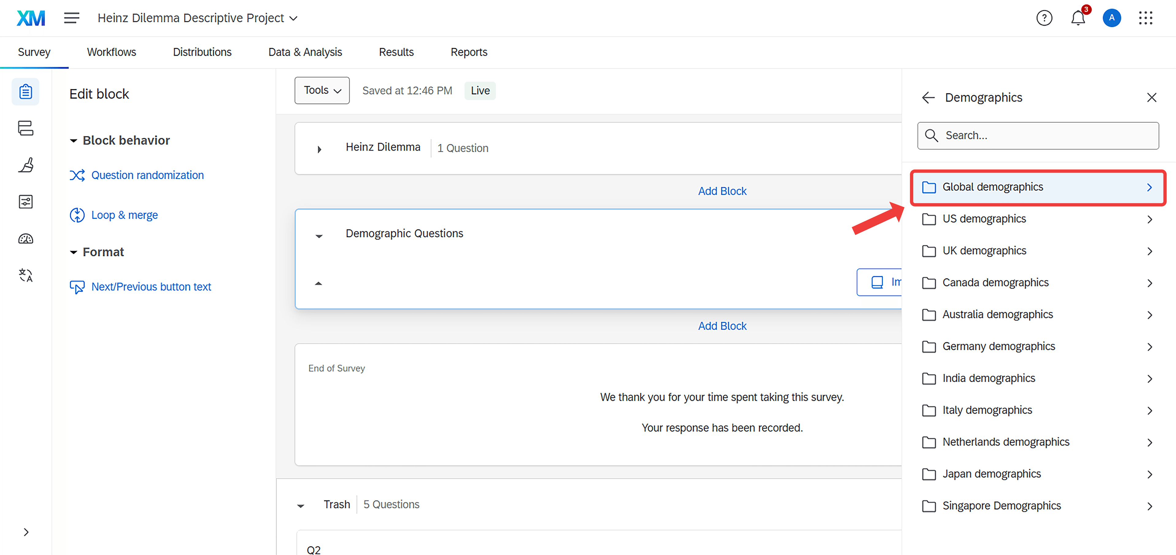 Screenshot C showing the Global demographics selection with country-specific options