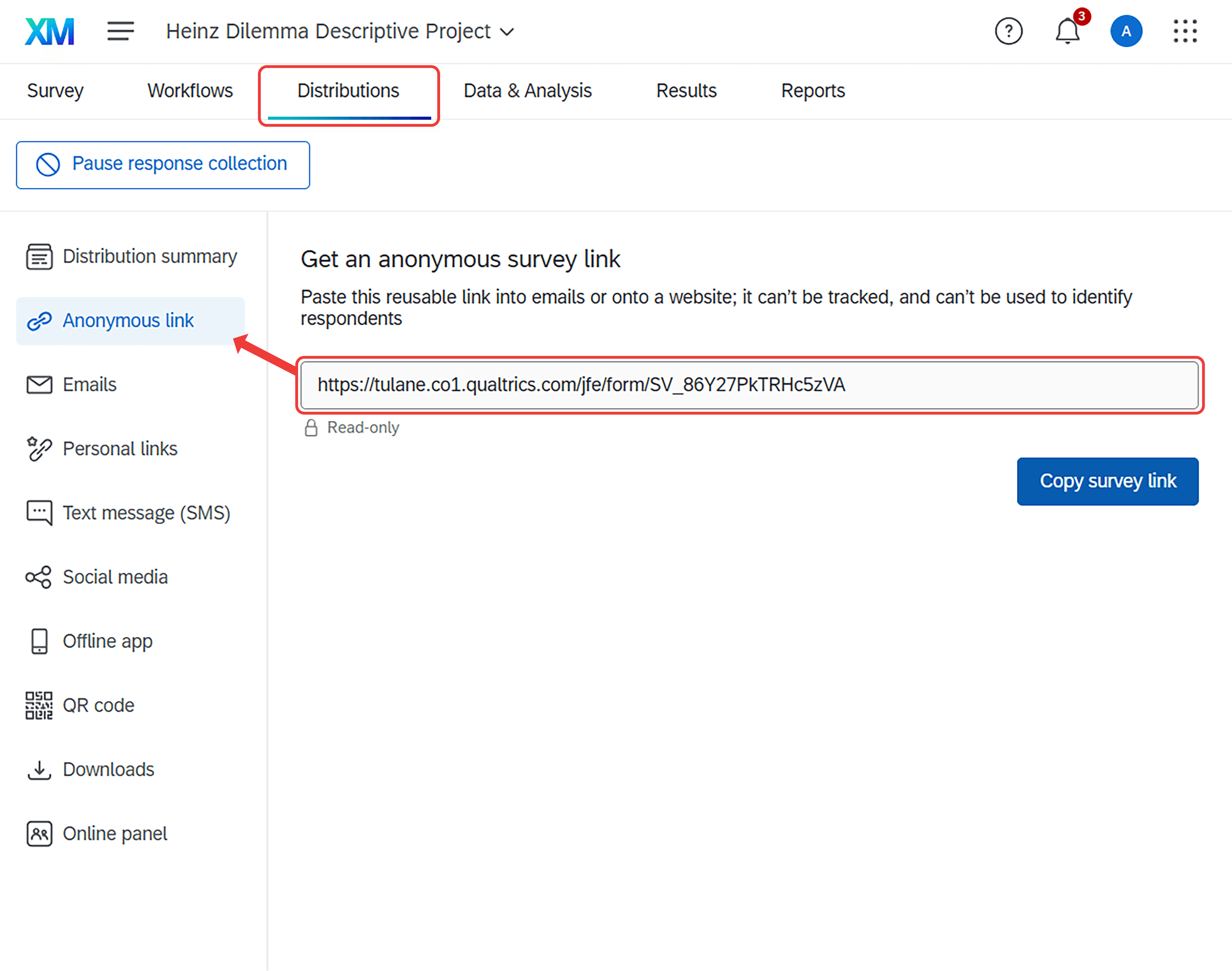 Qualtrics Distributions tab showing the Anonymous link option selected, with a generated survey URL that can be copied and shared with participants for data collection.