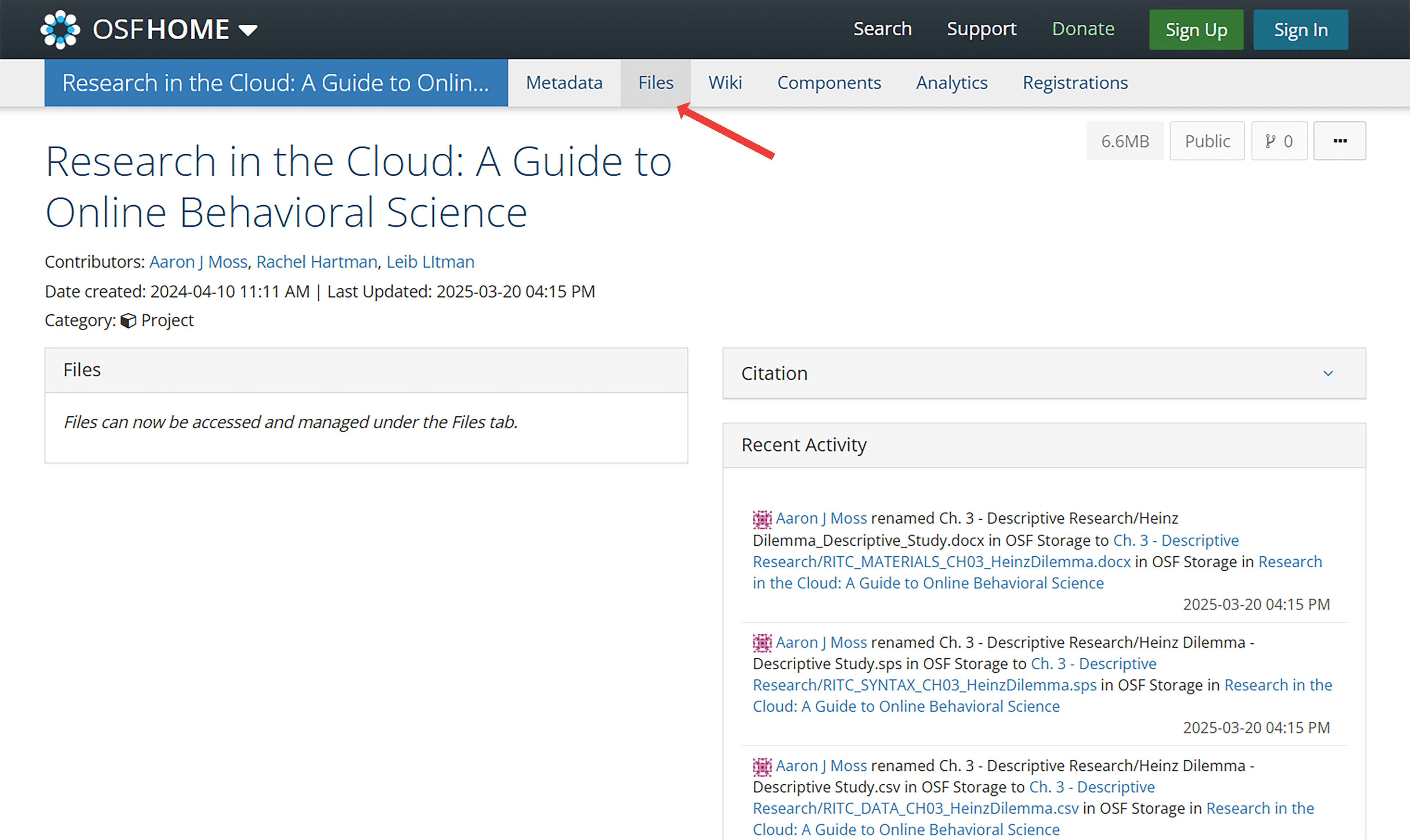 OSF project page showing the Files tab highlighted in the left navigation menu, with folders listed below including Ch. 3 - Descriptive Research for downloading project materials.