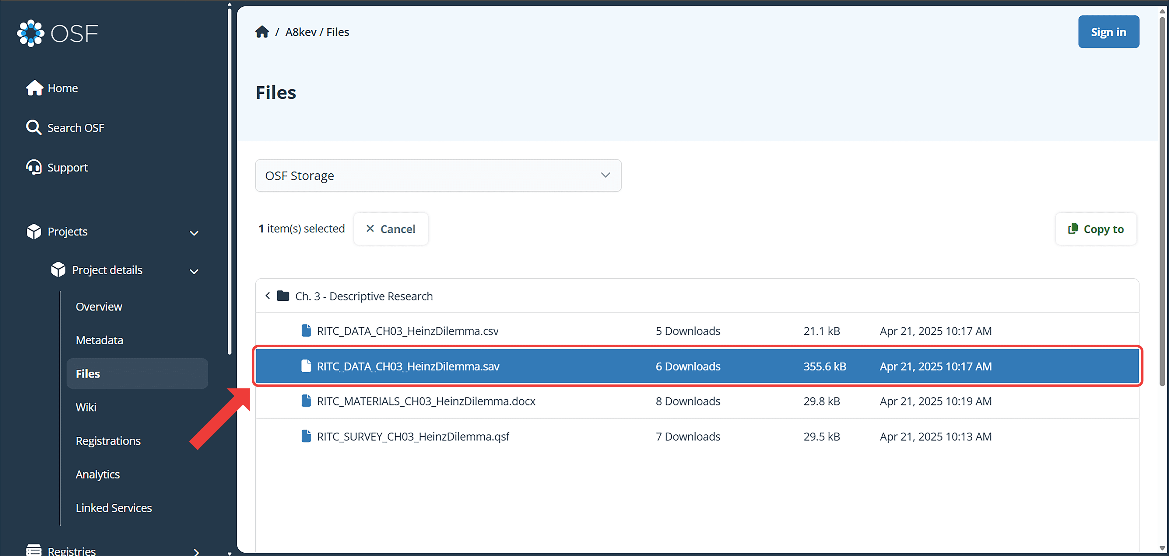 OSF folder contents showing four downloadable files for Chapter 3: RITC_DATA_CH03_HeinzDilemma.csv, RITC_DATA_CH03_HeinzDilemma.sav, RITC_MATERIALS_CH03_HeinzDilemma.docx, and RITC_SURVEY_CH03_HeinzDilemma.qsf.