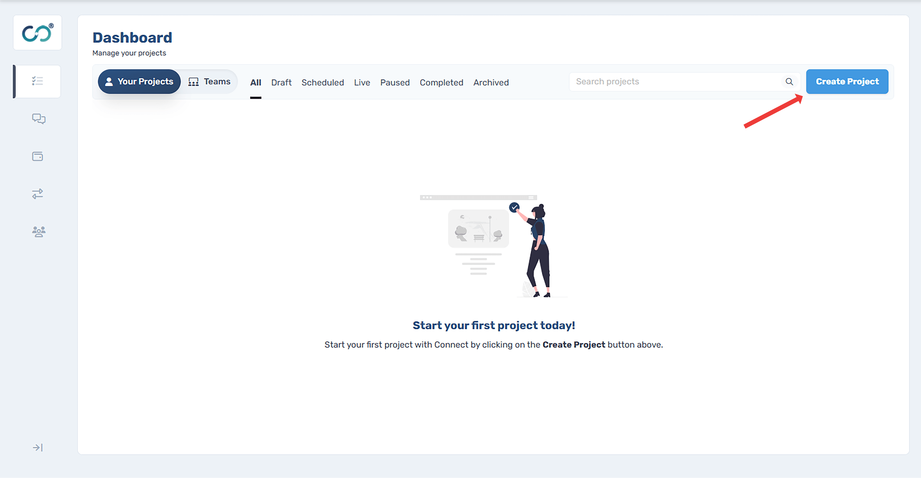 Connect researcher dashboard showing the blue 'Create Project' button in the top right corner, with tabs for Your Projects, Teams, and various project status filters.