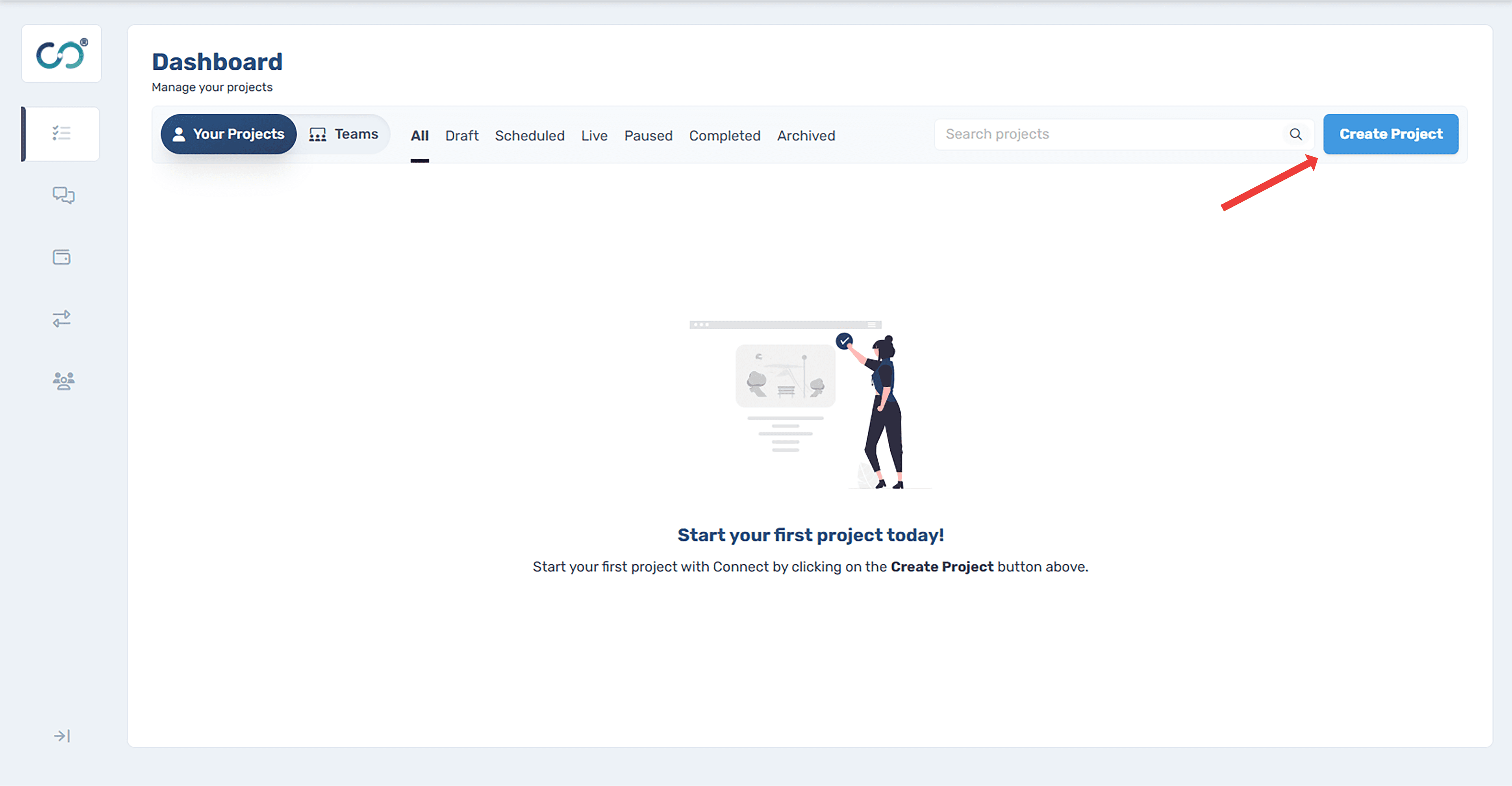 Connect researcher dashboard showing the blue 'Create Project' button in the top right corner, with tabs for Your Projects, Teams, and various project status filters.