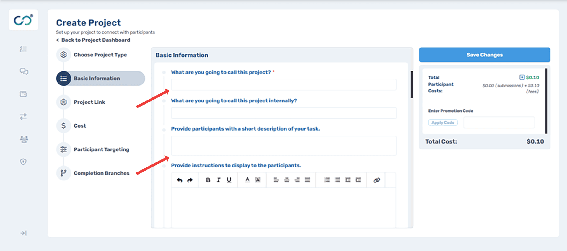 Connect project creation interface showing Basic Information fields including project title, internal name, short description text area, and cost summary panel on the right showing Total Cost.