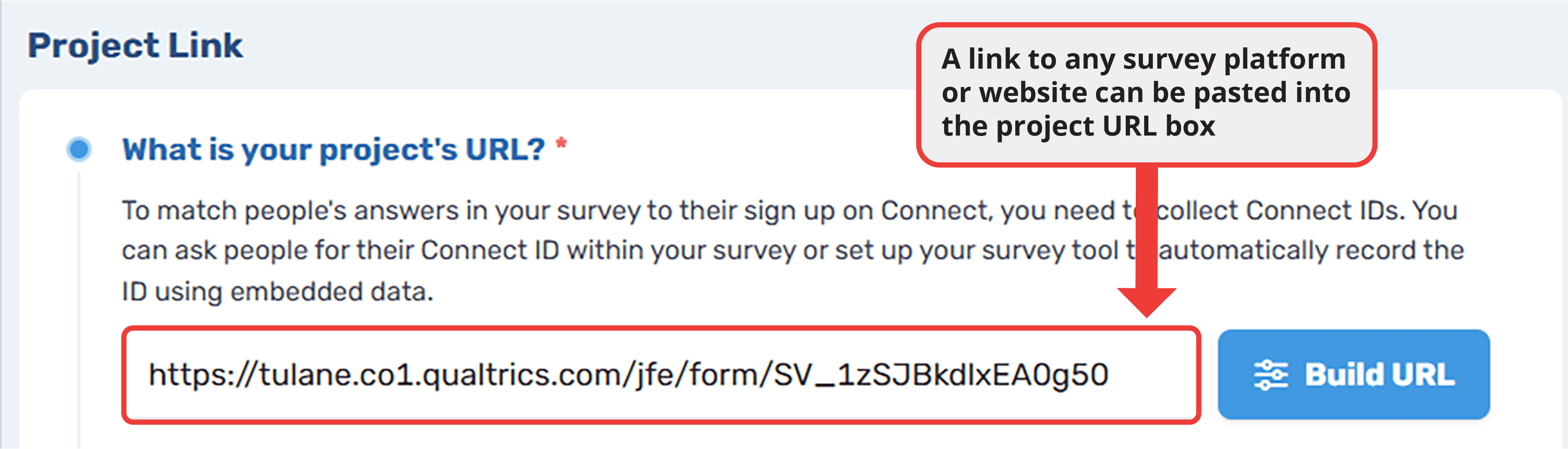 Connect project link configuration showing the URL input field with a Qualtrics survey link pasted and a 'Build URL' button for advanced URL construction.