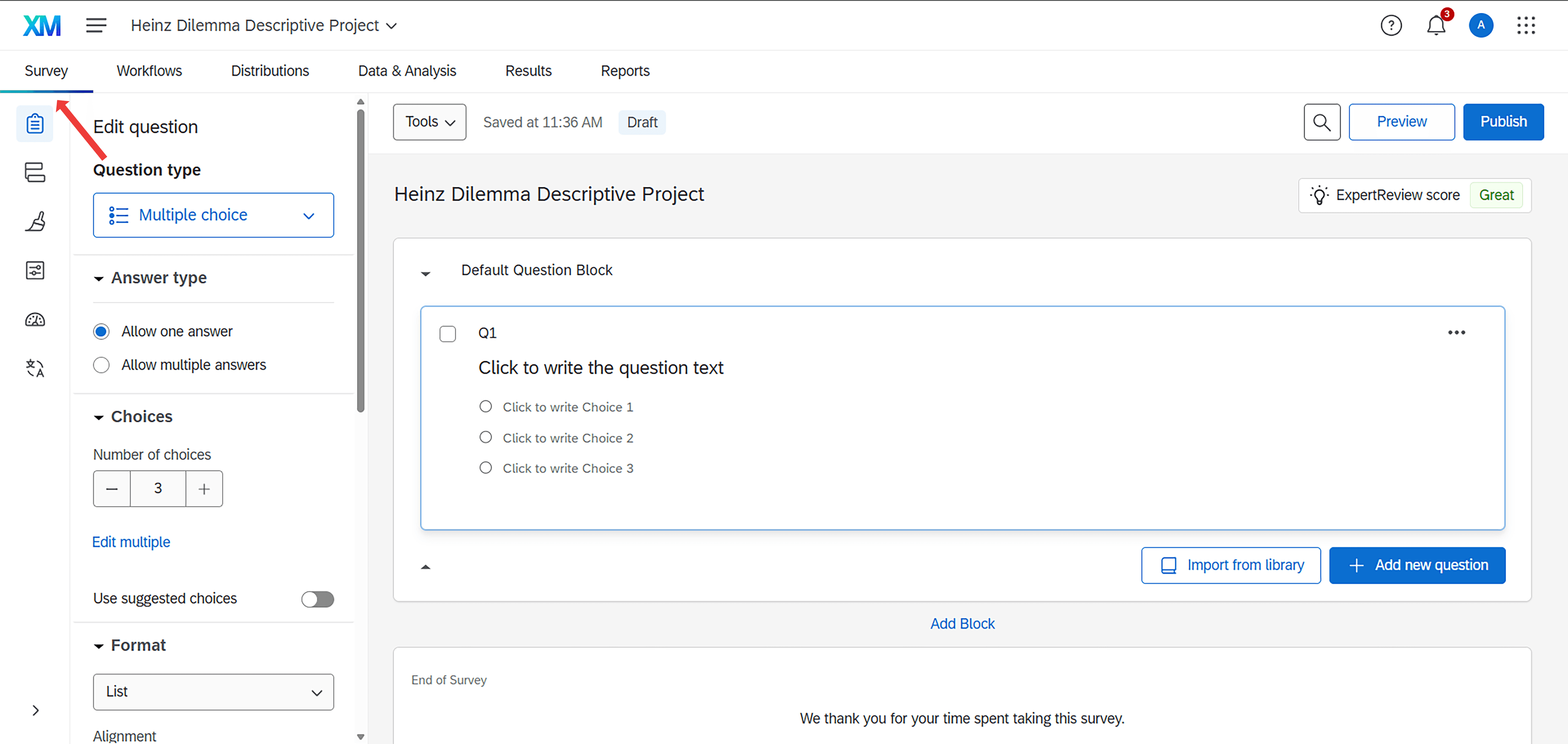Qualtrics Survey Builder interface showing the main editing area with a default question block, left sidebar with Builder, Survey Flow, and Look and Feel options, and top navigation tabs for Survey, Workflows, Distributions, Data & Analysis, Results, and Reports.