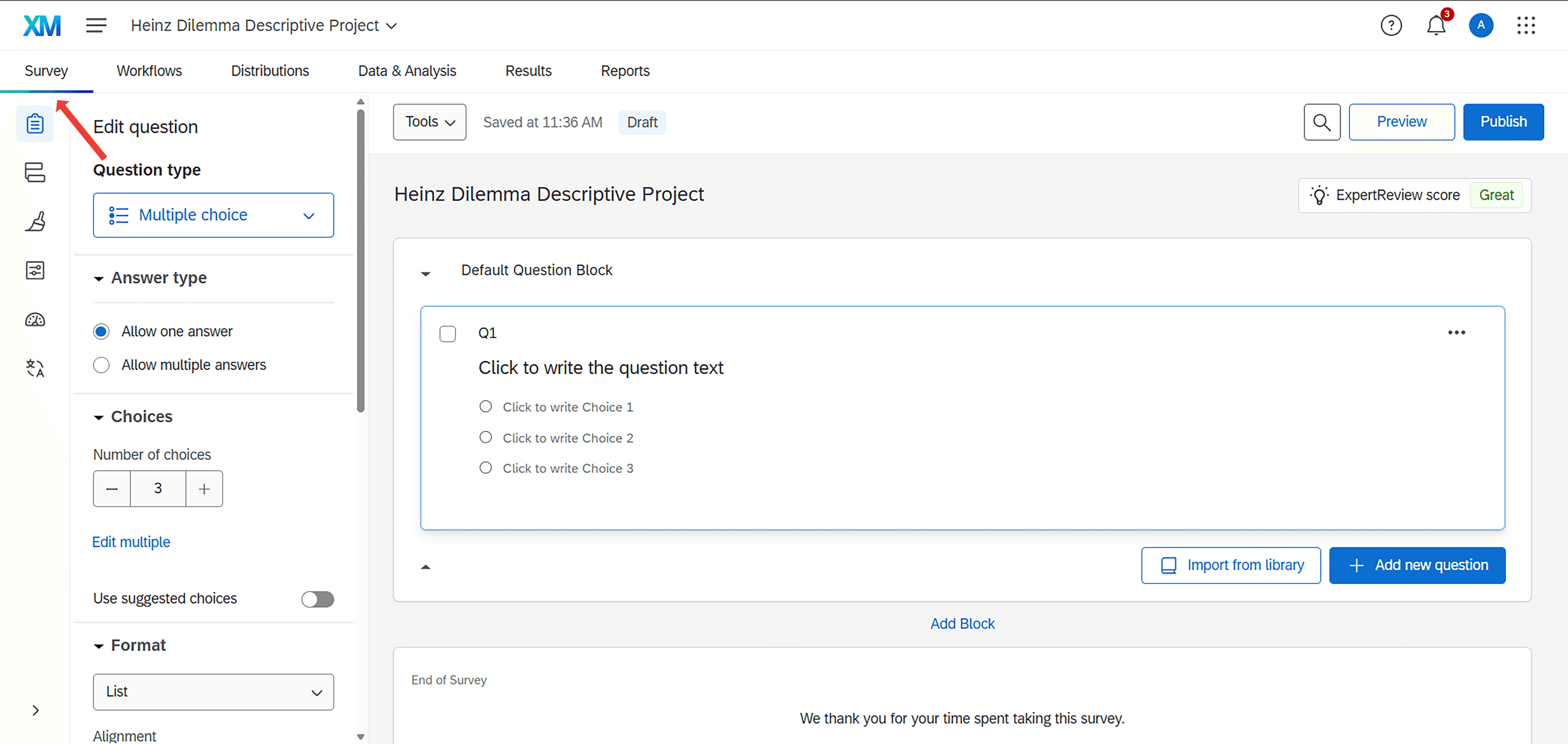 Qualtrics Survey Builder interface showing the main editing area with a default question block, left sidebar with Builder, Survey Flow, and Look and Feel options, and top navigation tabs for Survey, Workflows, Distributions, Data & Analysis, Results, and Reports.