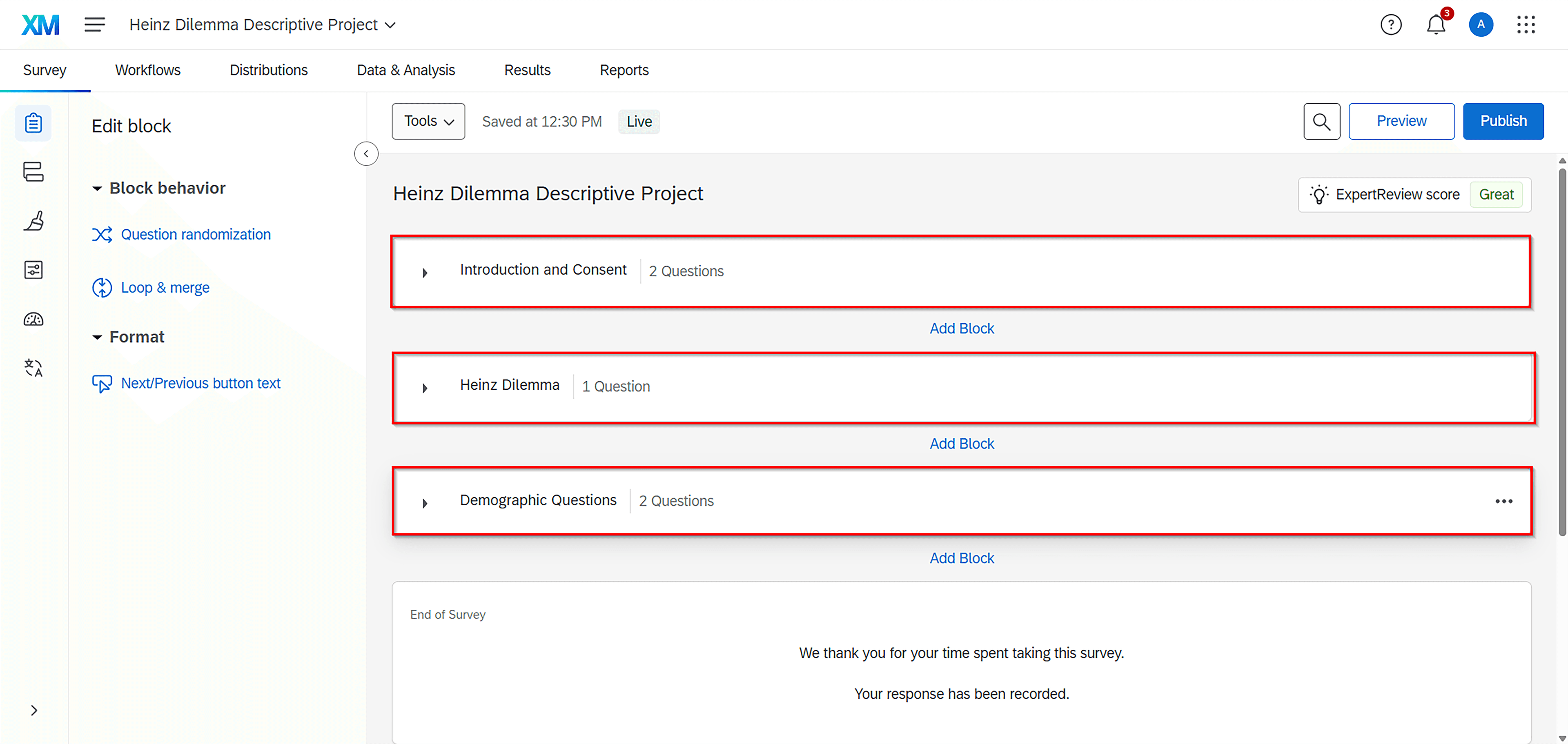 Qualtrics Survey Builder showing three organized blocks: Introduction and Consent (2 Questions), Heinz Dilemma (1 Question), and Demographic Questions (2 Questions), with Add Block buttons between each section.
