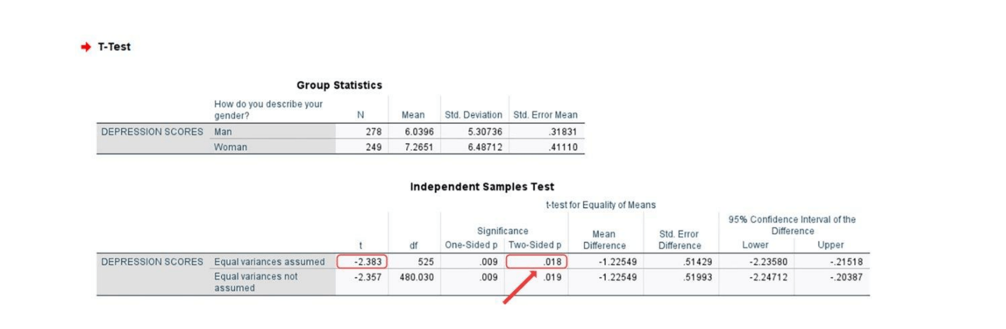 SPSS t-test output showing Group Statistics and Independent Samples Test with significant p-value highlighted