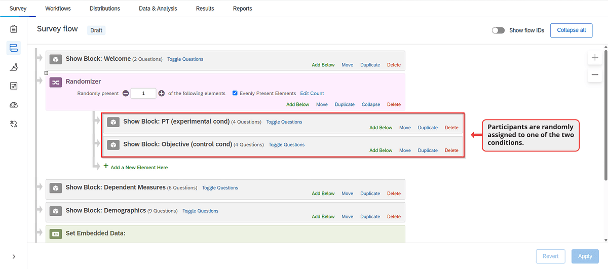 Qualtrics screenshot showing randomization within the perspective-taking experiment